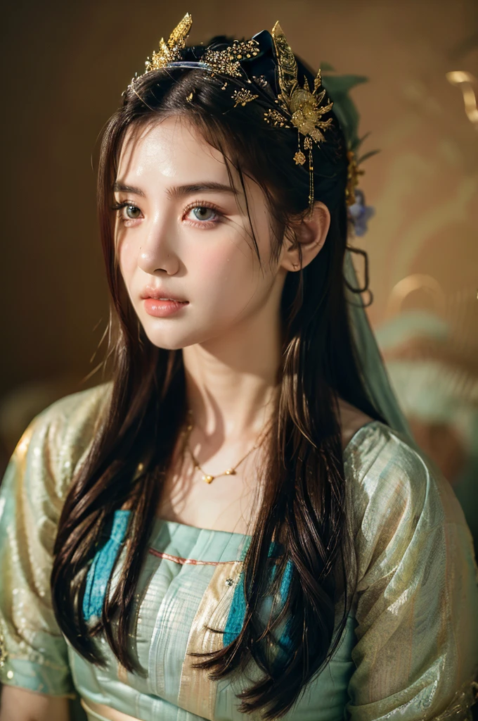 ( masterpiece, top quality, best quality,8k,17 years old girl,ultra detailed,raw photo:1.5),(photorealistic:1.4),(cinematic lighting), PerfectNwsjMajic, , Surrealism, UHD, ccurate, Super detail, textured skin, High detail, Best quality, dynamic angle, (high nose,White skin),[Beautiful blue eyes],(1girl),(good anatomy:0.5)), dunhuang_style, Dreamy atmosphere,expressive brush strokes, mystical ambiance, Artistic interpretation, a whimsical illustration, Subtle colors and tones, straight face