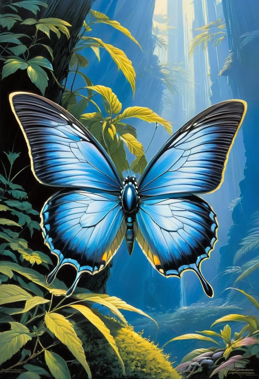 blue butterfly, by Ralph McQuarrie, best quality, masterpiece, very aesthetic, perfect composition, intricate details, ultra-detailed