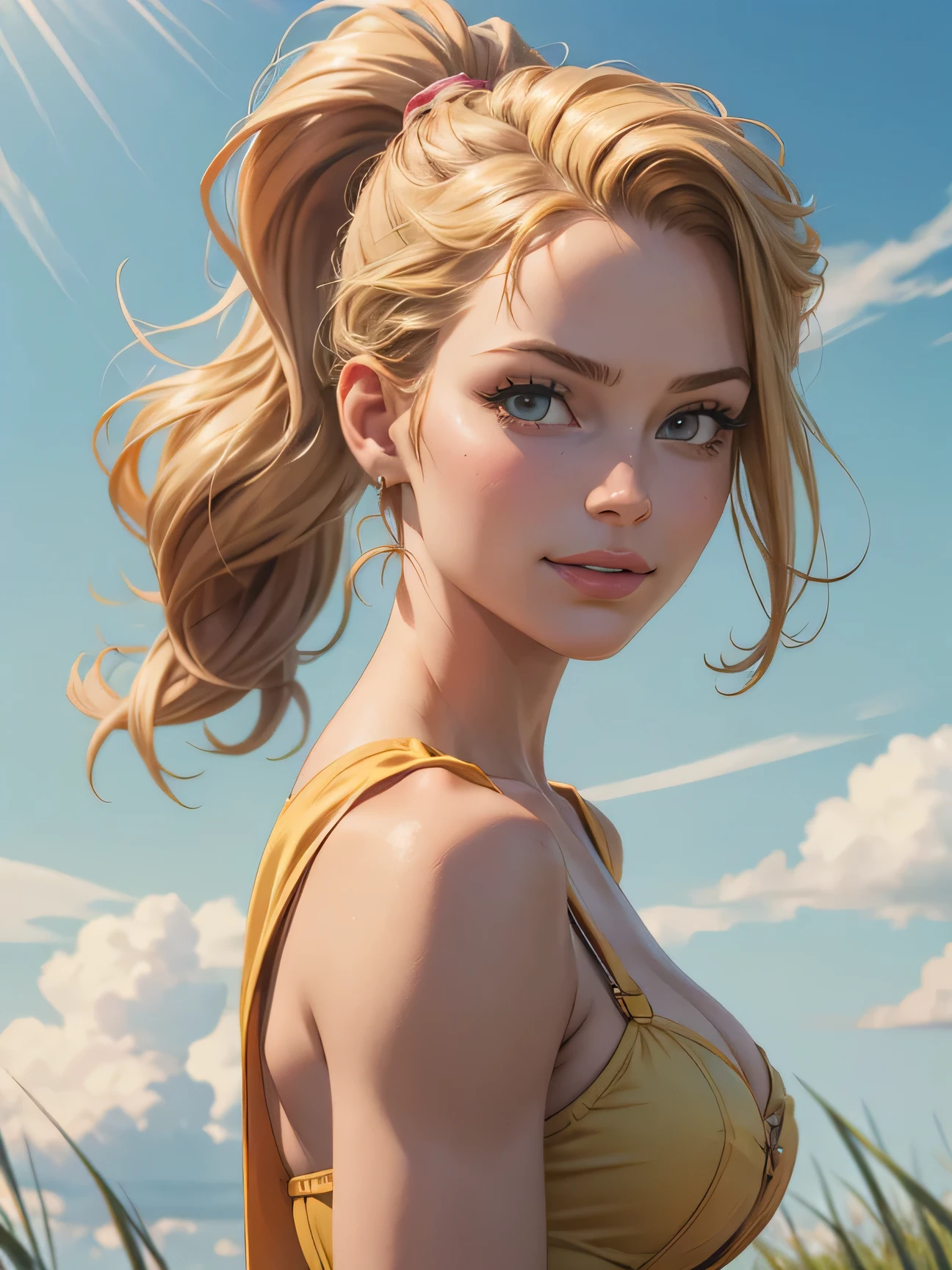 photorealistic,realistic, solo, photorealistic, best quality, ultra high res, 1girl,, , blonde hair in a ponytail, wearing a yellow sundress, breeze blowing through the grass,, , 1girl,, beautiful, masterpiece, best quality, extremely detailed face, perfect lighting, 1girl, solo,, , best quality, ultra high res, photorealistic,, ultra detailed,, masterpiece, best quality, , nancy1, cleavage, tattoo, smirk, seductive smile, corset