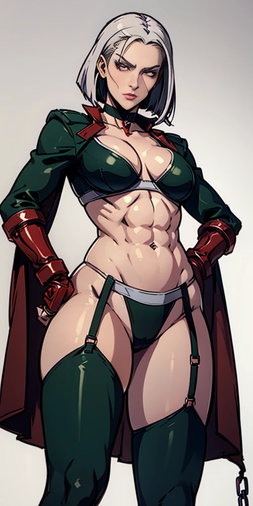 ((Plain background 1:2)) (Cammy White Street Fighter white silver short bob haircut) Female full body standing straight symmetrical looking to the viewer RED full body armored (handcuffs, shackles, rerebrace, faulds, poleyn, gauntlets, leather collar choker, gloves, gauntlets, high boots bootstraps, long stockings) 2 crossing big belt under belly button, navel, abs, garter straps belts attaching bra ((hands on hips)) view from below, wide hips - choppy bangs, arched crescent eyebrows, sharp and determined eyes, a delicate oval face, a serious expression, a fantasy-style dark green military coat, draped with a dark red cloak, leather combat boots, leggings with garters belts straps attaching to the waist, this character embodies a finely crafted fantasy style female military officer in anime style, exquisite and mature manga art style, pale skin, big breast knockers cleavage