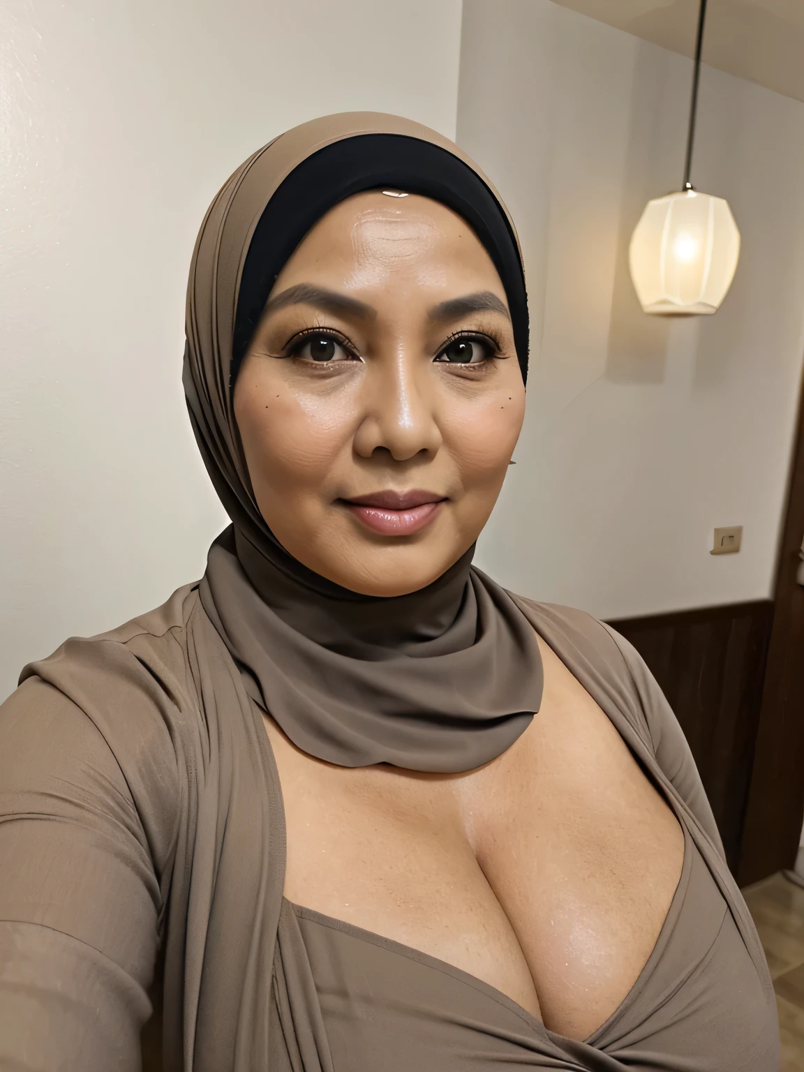 ((selfie photo)) (Realistic) ((Sexy Hijab)) (real mature face) (old beauty) 62 Years old fat Indonesian mature woman, sexy curvy, (sexy chubby body shape), (natural makeup), Big : 34.9, Breast about to burst Out, (exposed cleavage) (old woman in Jakarta) soft smile, facing at camera, half body - professional photography with excellent lighting. Dynamic background