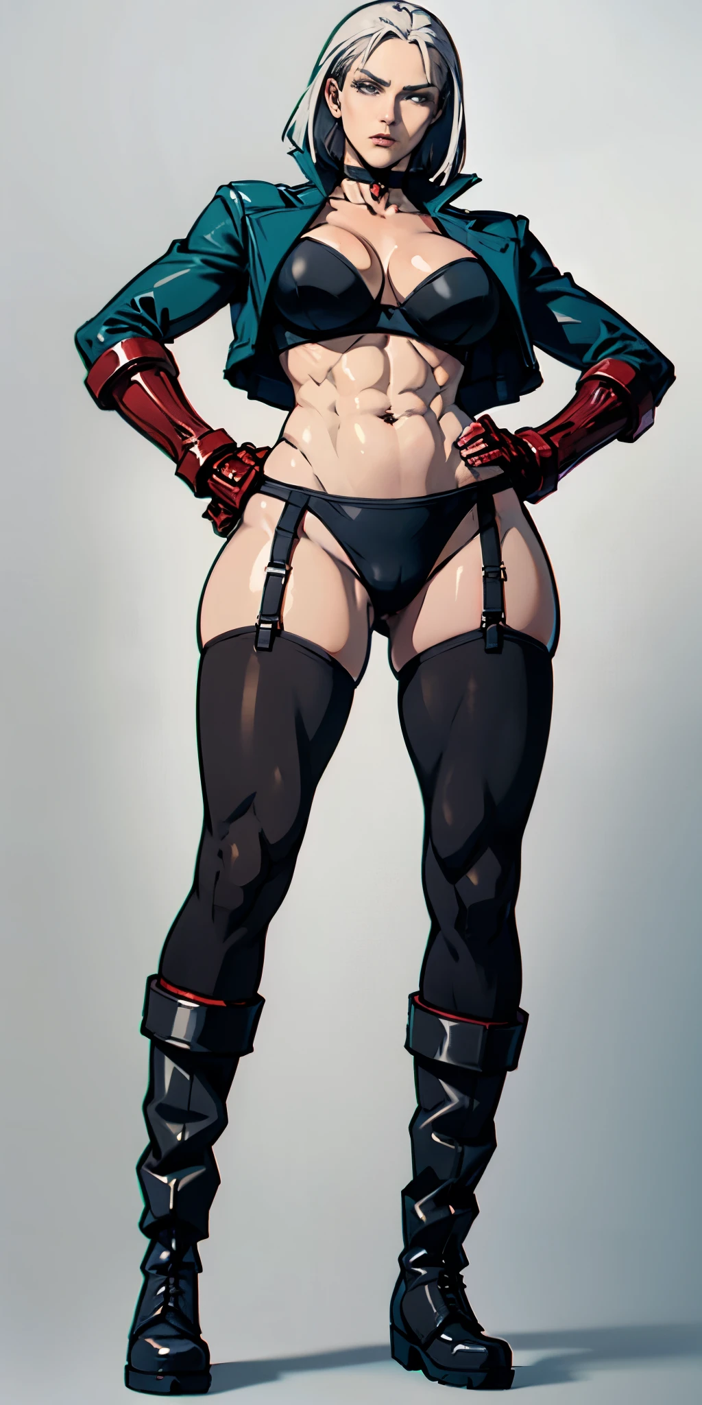 ((Plain background 1:2)) (Cammy White Street Fighter white silver short bob haircut) Female full body standing straight symmetrical looking to the viewer RED full body armored (handcuffs, shackles, rerebrace, faulds, poleyn, gauntlets, leather collar choker, gloves, gauntlets, high boots bootstraps, black stockings) 2 crossing big belt under belly button, navel, abs, garter straps belts attaching bra ((hands on hips)) view from below, wide hips - choppy bangs, arched crescent eyebrows, sharp and determined eyes, a delicate oval face, a serious expression, a fantasy-style dark green military coat, draped with a dark red cloak, leather combat boots, silver greaves leggings, this character embodies a finely crafted fantasy style female military officer in anime style, exquisite and mature manga art style, pale skin, big breast knockers cleavage,