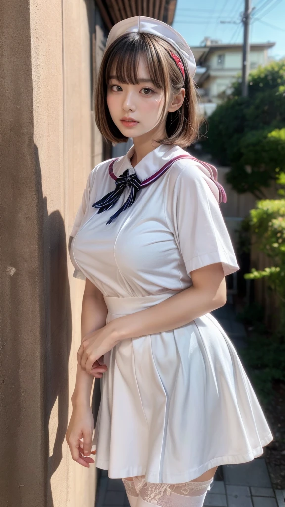 muste piece, best quality, illustration, Super detailed, fine details, High resolution, 8K,wall paper, perfect dynamic composition,(Details High quality, realistic depiction of eyes:1.3), Hospital Rooms、White nurse cap、White tights、White nurse uniform、to stand、Hand skirt、Flipping up a white skirt, large breasts,short bob hair, black hair color, Big Natural Color Lip, bold sexy pose, crying a little、cold gaze, Harajuku style、20 year old girl、cute type、lolita、beautiful legs, hposing Gravure Idol