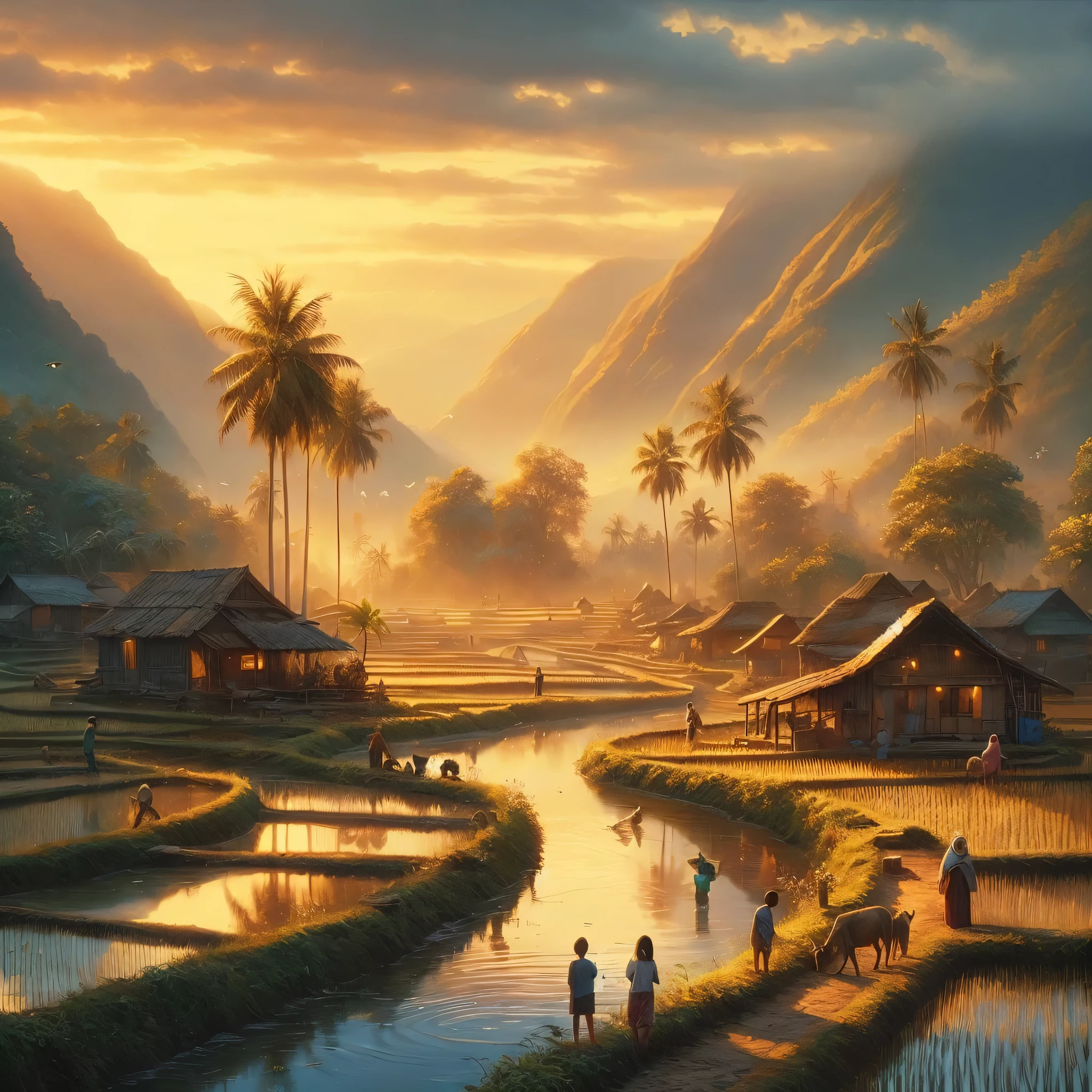 Traditional village nestled at the foot of majestic mountains, early morning light casting a soft glow on rice paddies, coconut palms swaying, children laughing by meandering river reflecting blue skies, adults working in the fields, mothers attending daily chores near rustic homes, tranquility, connection with nature, essence of rural life captured in a painting, warm palette, soft brushstrokes, golden hour illumination, volumetric light, ultra fine detail, digital painting.