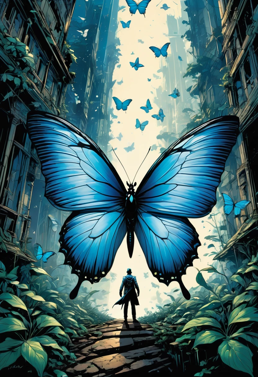 blue butterfly, by Frank Miller comic style, best quality, masterpiece, very aesthetic, perfect composition, intricate details, ultra-detailed