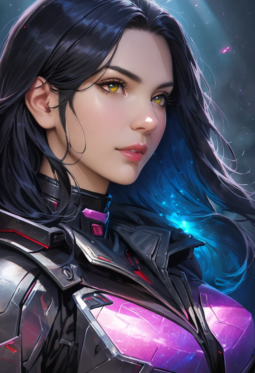 (best quality,4k,highres,masterpiece:1.2),ultra-detailed,(realistic,photorealistic:1.37), portrait, sci-fi, studio lighting, vivid colors, metallic, robotic, woman, detailed eyes, detailed lips, flowing hair, medium height, beautiful skin texture, alone, fantasy image, glowing rocks