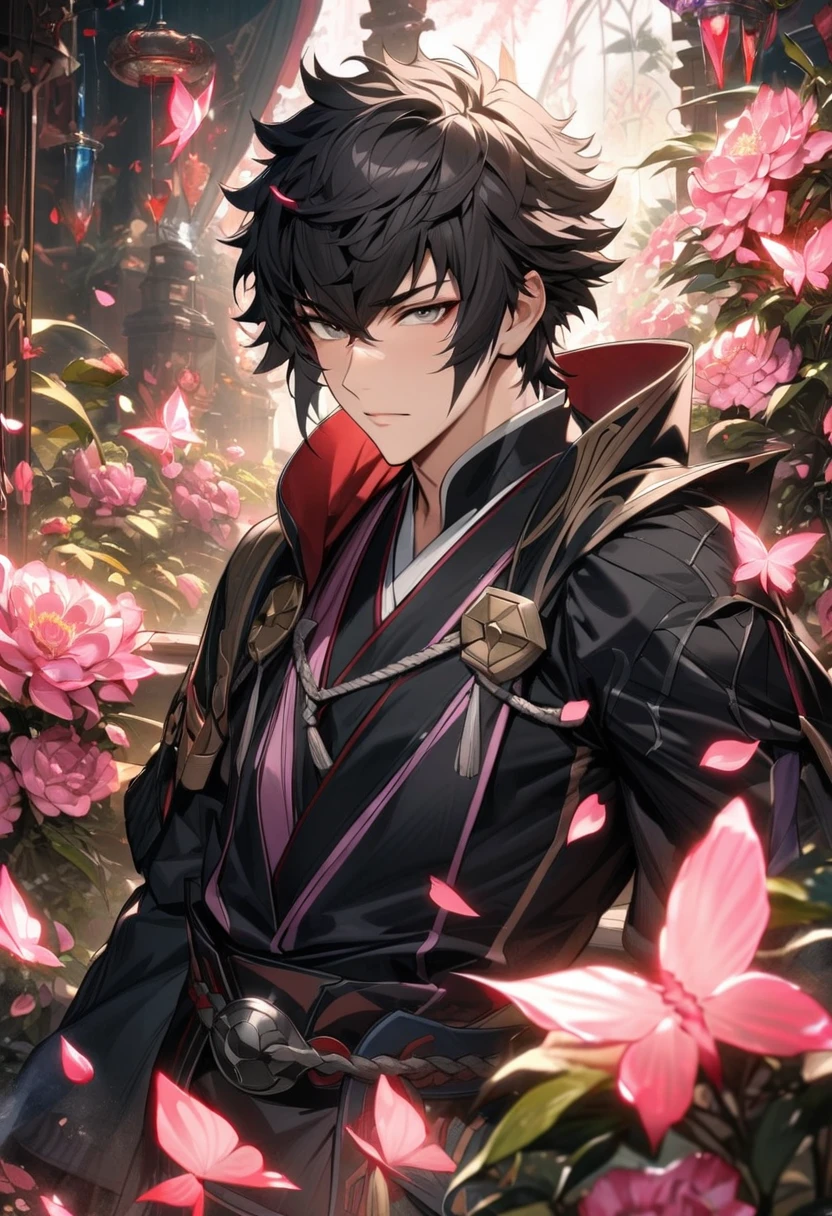 (absurdres, highres, ultra detailed, HDR) master piece, best quality, perfect face, Lon'qu, black hair, expressive grey eyes, Fire Emblem Awakening, solo, man, handsome, black clothes, glass pink flowers, glass pink petals, glass pink butterflies, glass garden, glass blossoms, everything made with glass