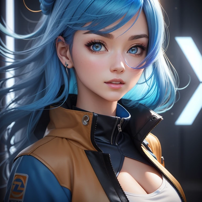 Anime-style image of a woman with blue hair and a brown jacket, Anime Style. 8k, Realistic Anime 3D Style, Photorealistic anime girl rendering, Cute 3D anime girl render, Anime Styled 3d, Anime Style 4 k, 3D Anime Real, Stylized anime, 8K Portrait Rendering, Anime very detailed