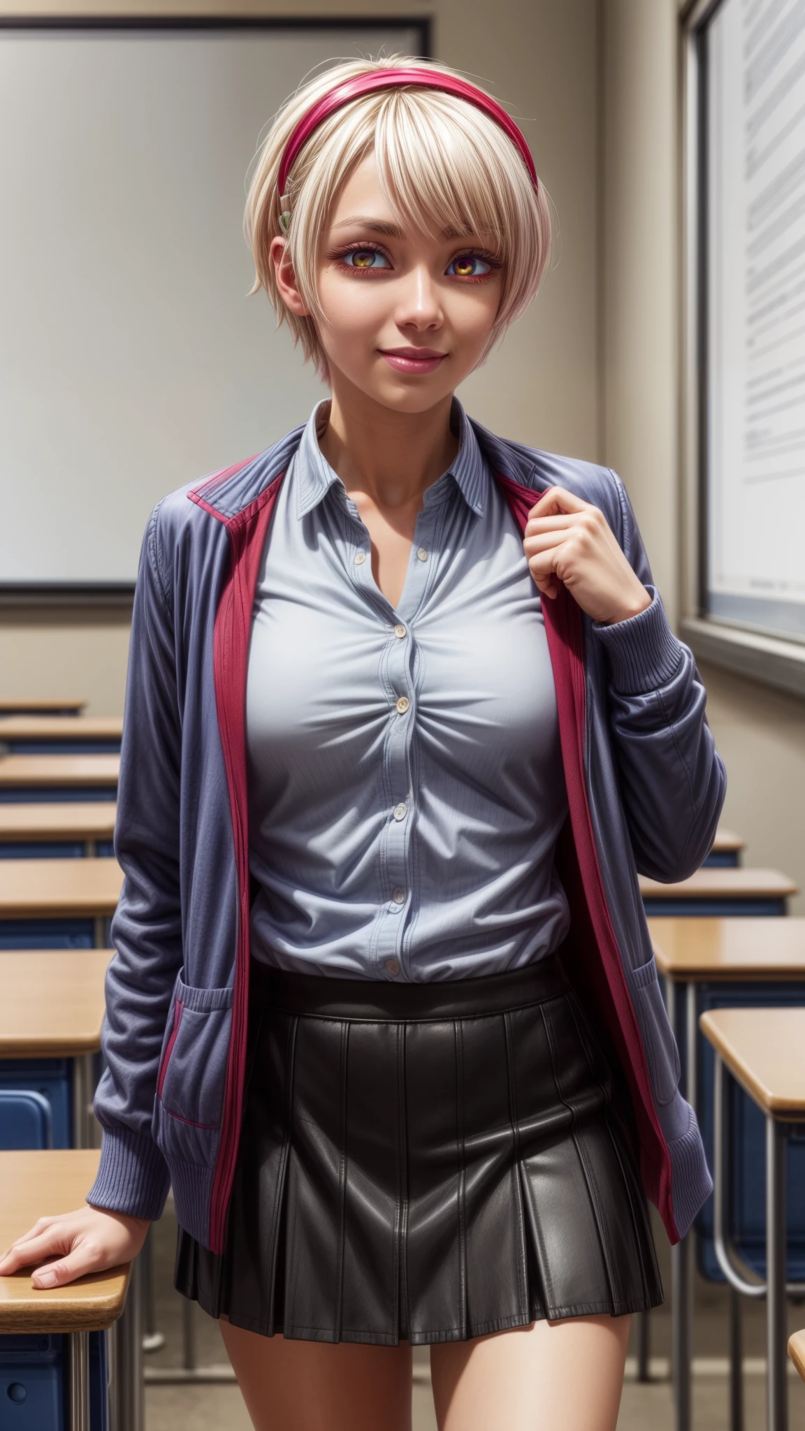 renanatsukawa, rena natsukawa, short hair, hairband, pink hair, (red eyes:1.3), red hairband, smile,
BREAK skirt, shirt, jacket, collared shirt, neck ribbon, jacket on shoulders, white shirt, cardigan, blue cardigan, blue jacket,
BREAK indoors, classroom,
BREAK looking at viewer, (cowboy shot:1.5),
BREAK (masterpiece:1.2), best quality, high resolution, unity 8k wallpaper, (illustration:0.8), (beautiful detailed eyes:1.6), extremely detailed face, perfect lighting, extremely detailed CG, (perfect hands, perfect anatomy),