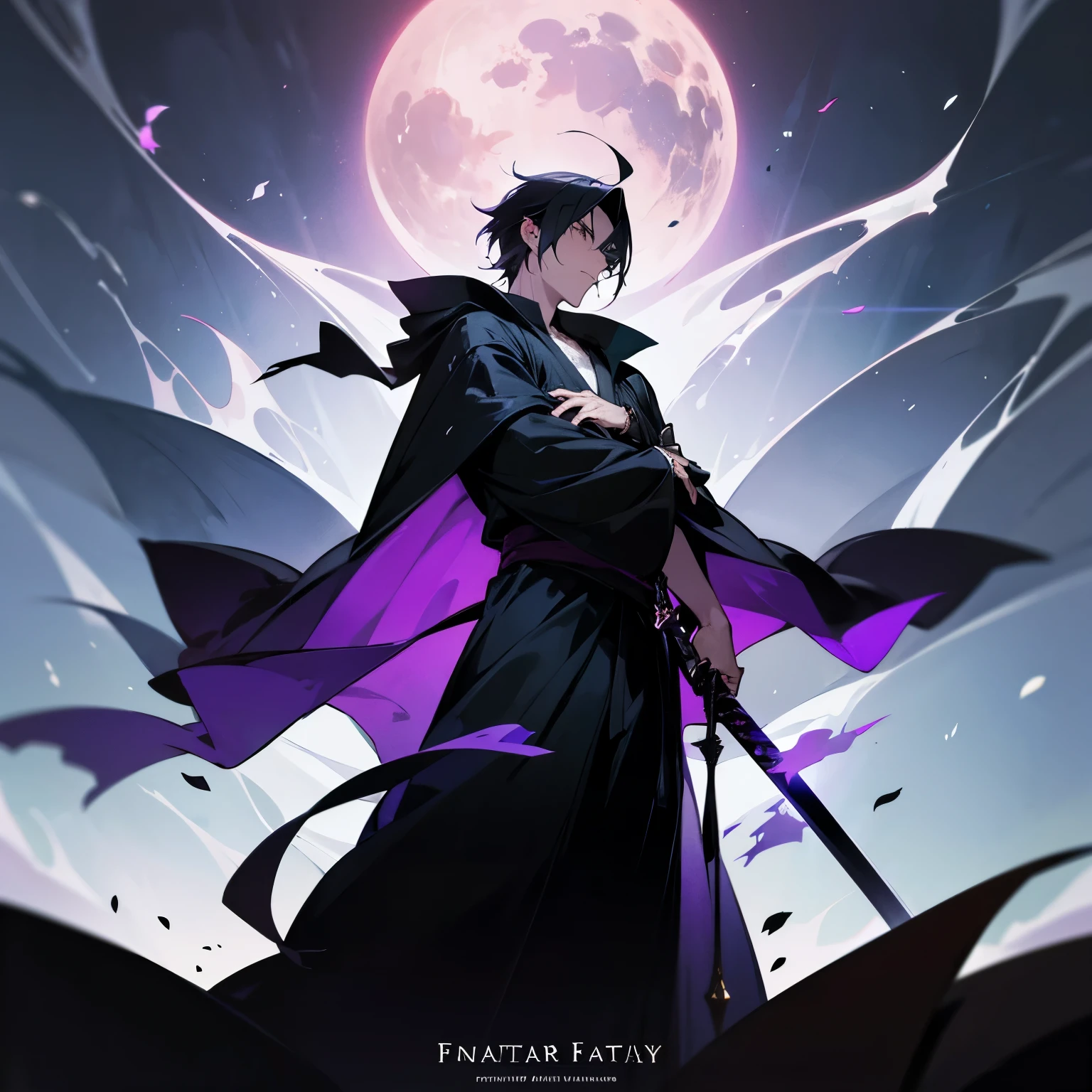 Fantasy anime book cover named Another World with a guy in Black fantasy robe with sword.