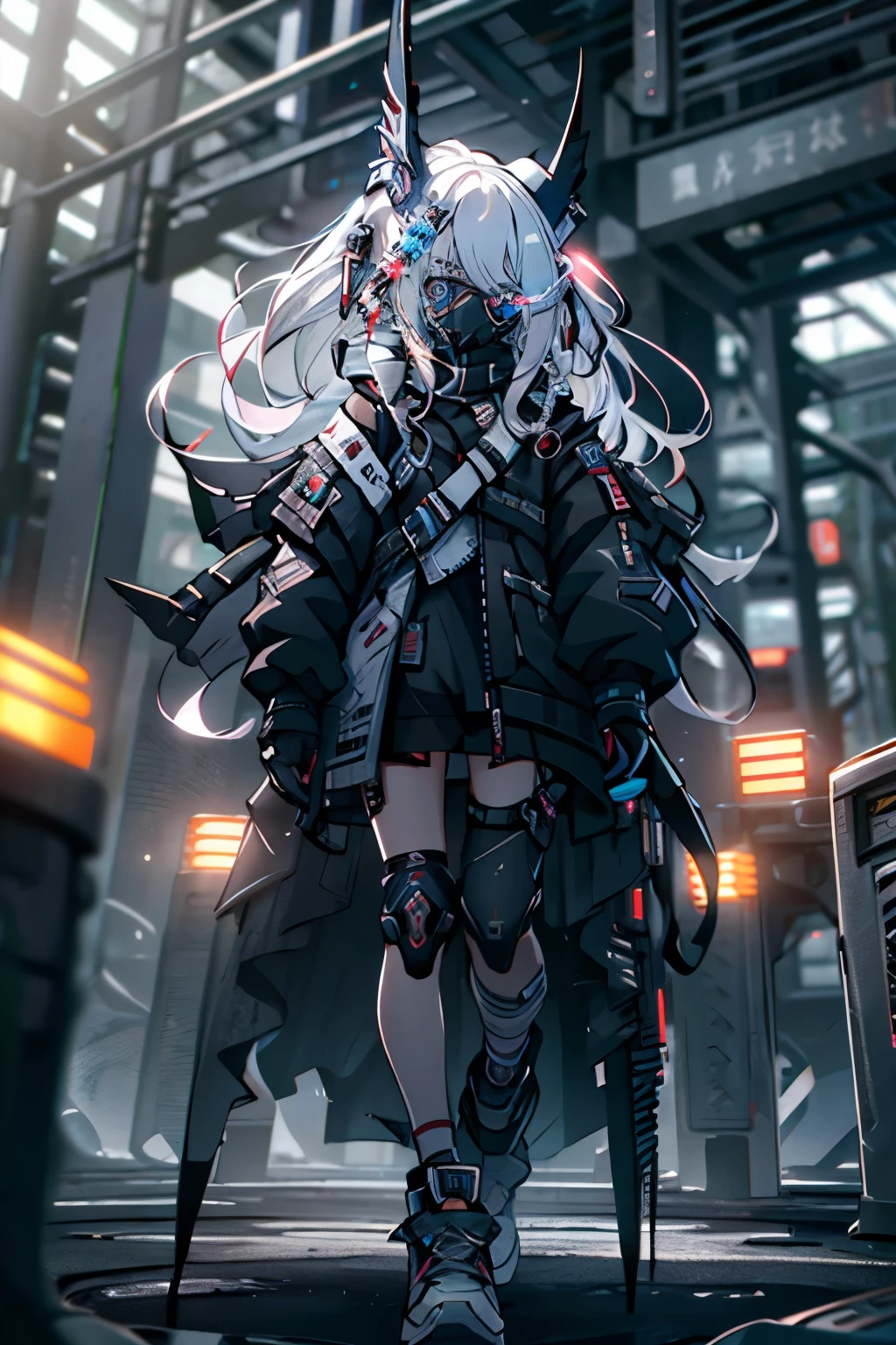 Heterochromia，Standing，white hair, Long hair, Straight Hair, Deep blue eyes, Tech jacket,(((Girl with tech mask and tech accessories))), White high-top sneakers,