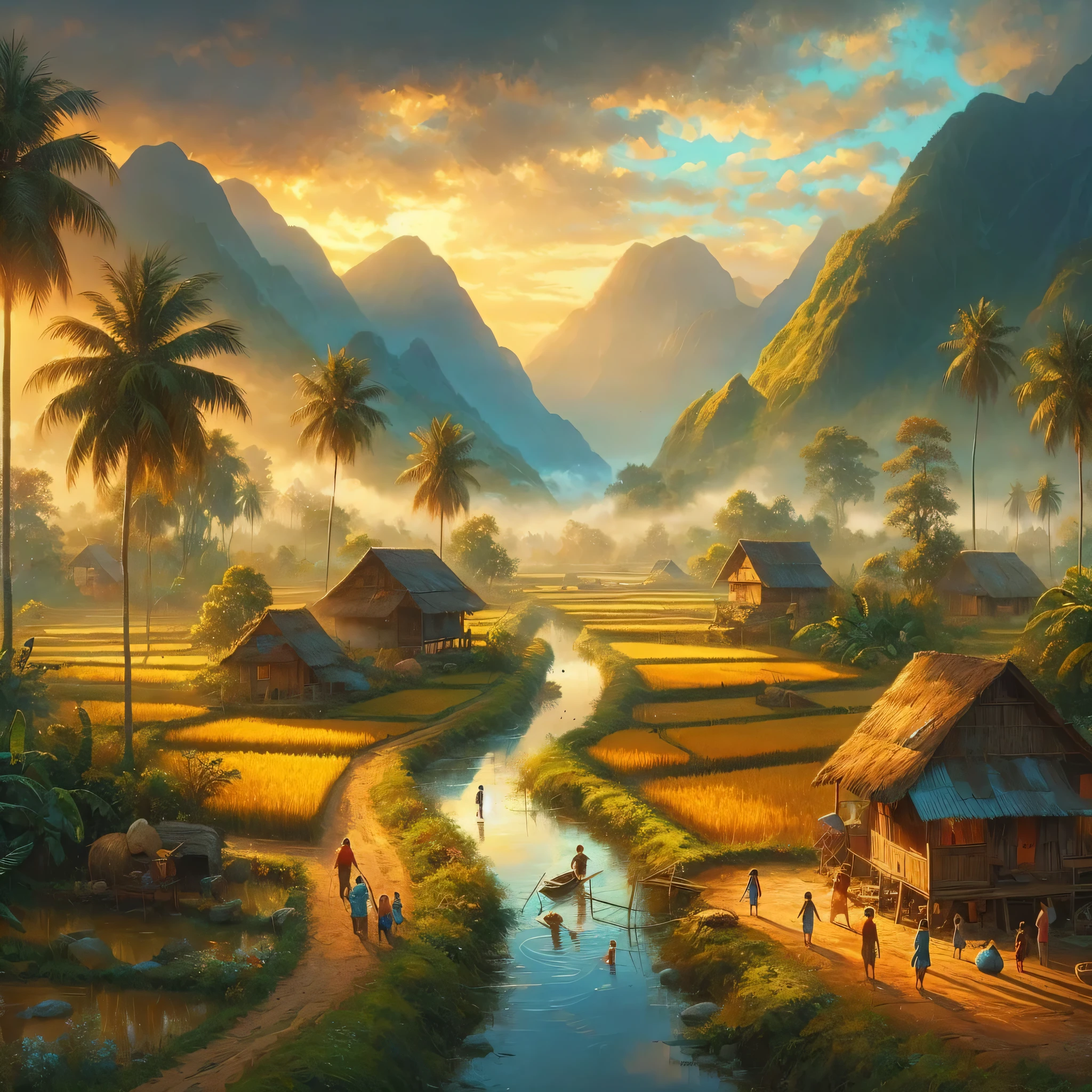 Traditional village nestled at the foot of majestic mountains, early morning light casting a soft glow on rice paddies, coconut palms swaying, children laughing by meandering river reflecting blue skies, adults working in the fields, mothers attending daily chores near rustic homes, tranquility, connection with nature, essence of rural life captured in a painting, warm palette, soft brushstrokes, golden hour illumination, volumetric light, ultra fine detail, digital painting.
