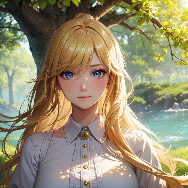 (Masterpiece), (Best Quality), (Super Detail), (disheveled Hair), (Illustration), (1 Girl), (Interview), (Brief Background), Beautiful Detailed Eyes, Delicate Beautiful Face, Floating, (High Saturation), (Shine), Focus on Face, Blond Hair, Bangs, Full Smile, Floating Hair. girl, maiden in love, pixiv illustration, top quality, super detailed, smile, clever, beautiful face, 4K, nature, sunlight through trees,