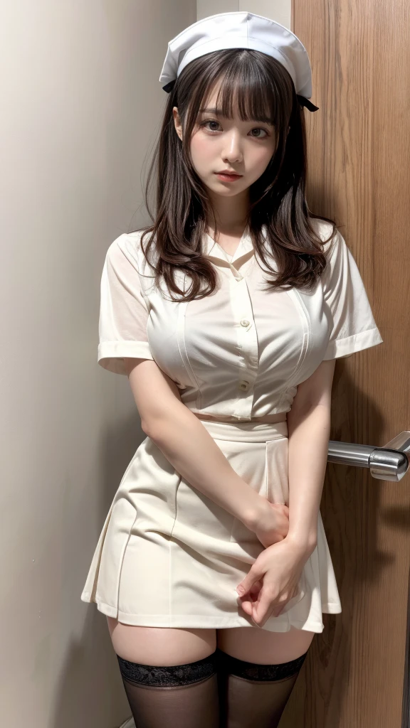 muste piece, best quality, illustration, Super detailed, fine details, High resolution, 8K,wall paper, perfect dynamic composition,(Details High quality, realistic depiction of eyes:1.3), Hospital Rooms、White nurse cap、White tights、White nurse uniform、to stand、Hand skirt、Flipping up a white skirt, large breasts,short bob hair, black hair color, Big Natural Color Lip, bold sexy pose, crying a little、cold gaze, Harajuku style、20 year old girl、cute type、lolita、beautiful legs, hposing Gravure Idol