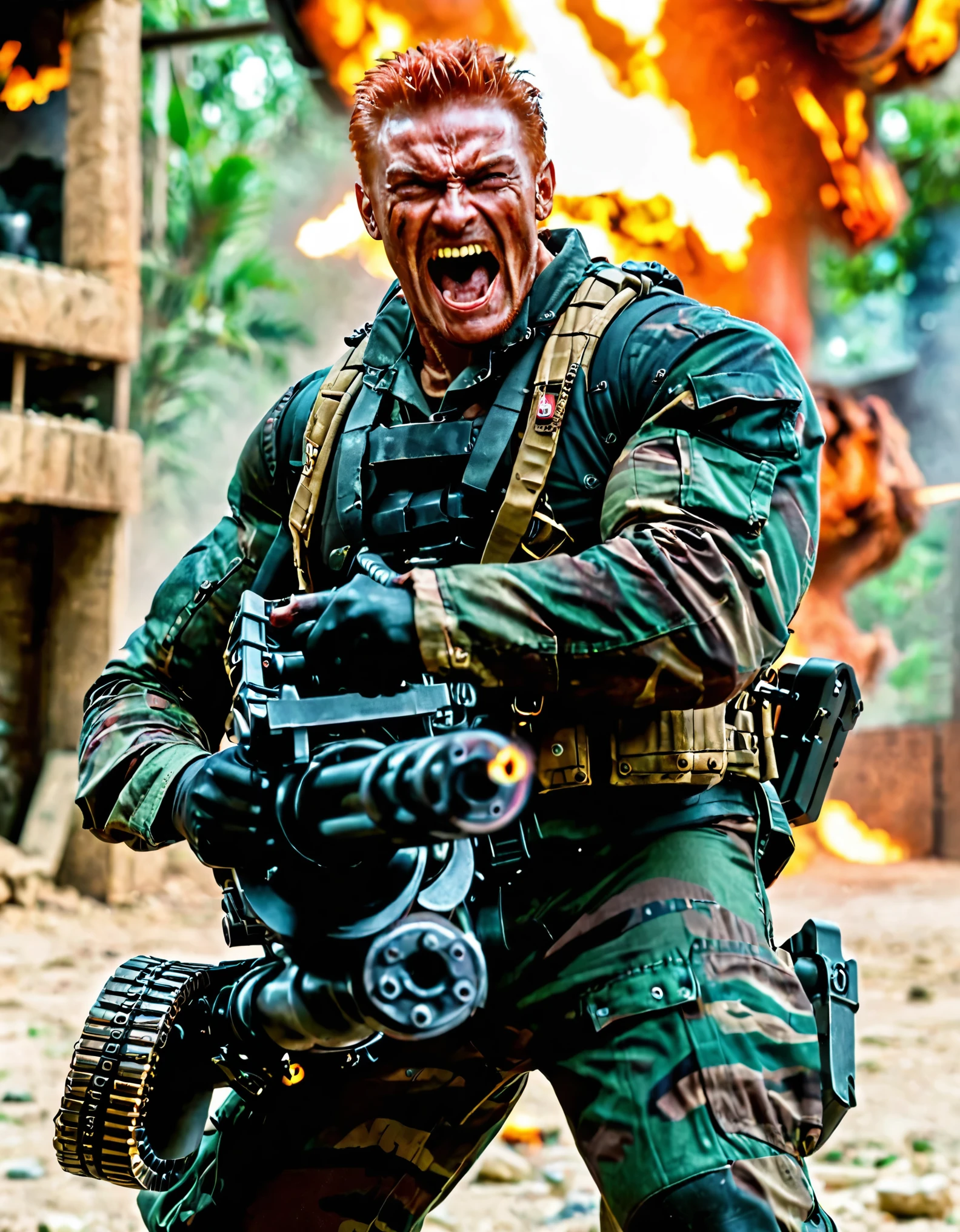 masterpiece, best quality, rogue soldier, muscular, dynamic battle pose, holding and firing a Handheld M134 Minigun, shell casings, dynamic war scene, bryan fury, red hair, evil laugh, solo focus, psychotic