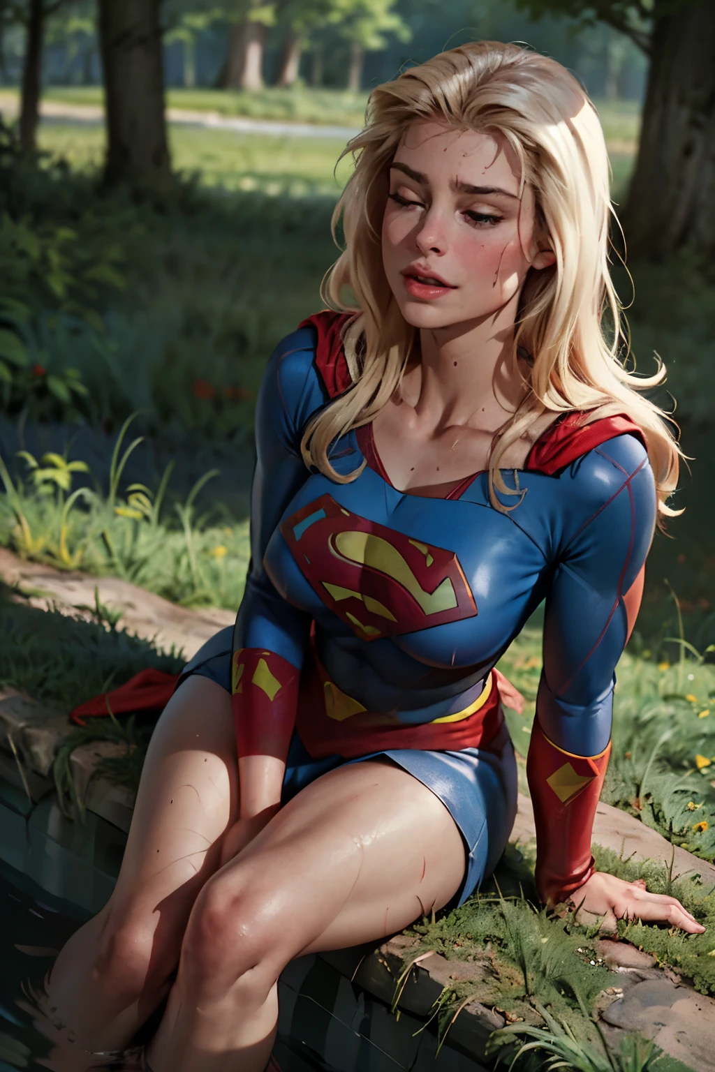 ((highest quality)), ((masterpiece)), (be familiar with), (High definition), (Realistic), (Realistic), (Best Shadow), Low contrast, (Complex:1.4), Side lighting, 8K, ((Helen Slator)), ((SUPER GIRL)), Perfect Face、Detailed、(Accurate hand and finger depiction)、Supergirl Women、Blonde、Voluptuous body、(Large Breasts:1.1)、Narrow waist、Big Ass、Alluring、glamorous、(Sitting on the ground with legs apart), (With legs spread:1.2)、woman on top, Mouth open、(Eyes closed)、Anguished expression、(orgasm:1.0)、Flushing、(sweating)、On the grass、in the deep forest、wood々Surrounded by、blue sky、Front low angle