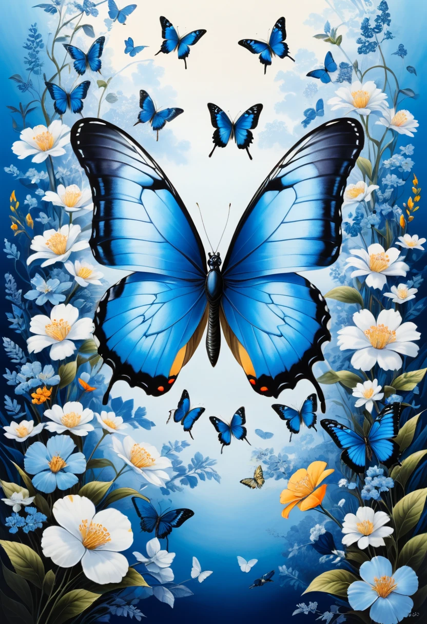 blue butterfly, (masterpiece, best quality, Professional, perfect composition, very aesthetic, absurdres, ultra-detailed, intricate details:1.3), by Chiho Aoshima