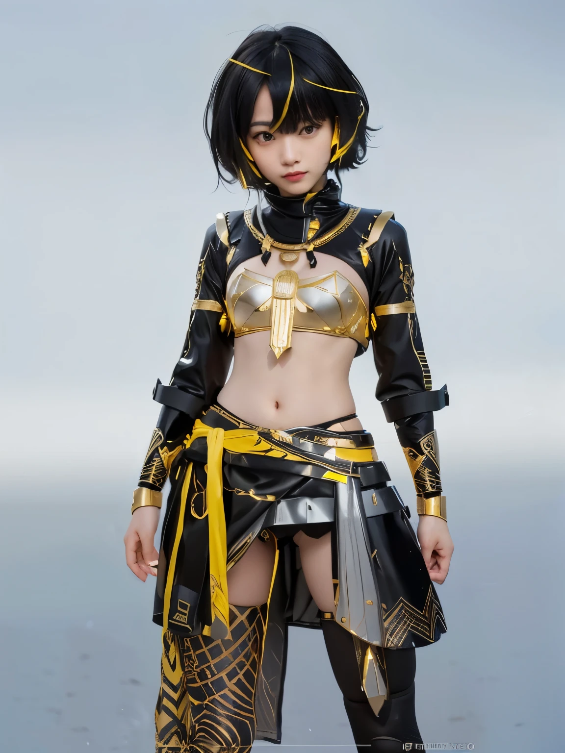 Black armor with yellow accents. Egyptian themed costumes Wear technology suits and armor.