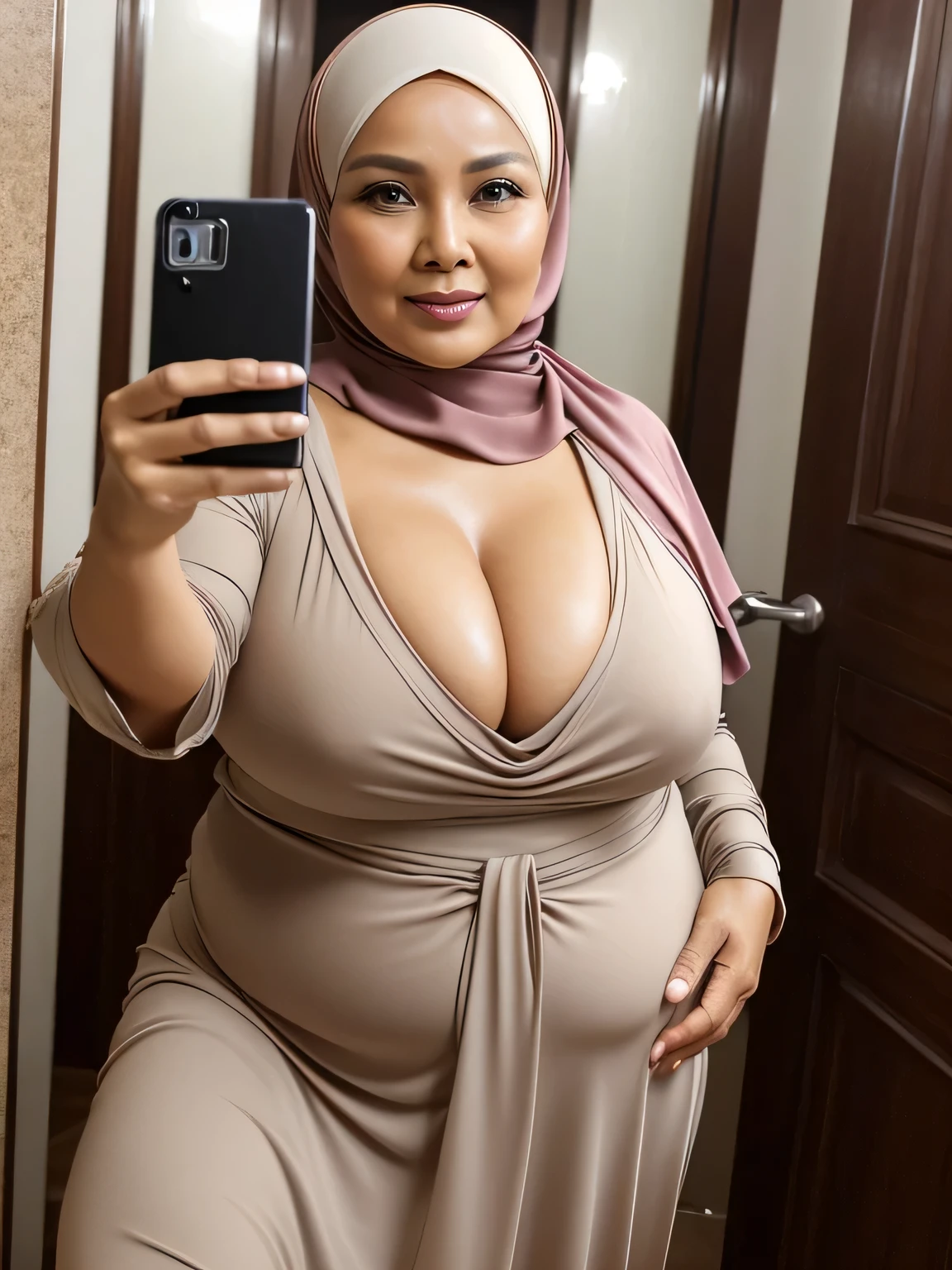 ((selfie photo)) (Realistic) ((Sexy Hijab)) (real mature face) (old beauty) 62 Years old fat Indonesian mature woman, sexy curvy, (sexy chubby body shape), (natural makeup), Big : 34.9, Breast about to burst Out, (exposed cleavage) (old woman in Jakarta) soft smile, facing at camera, half body - professional photography with excellent lighting. Dynamic background