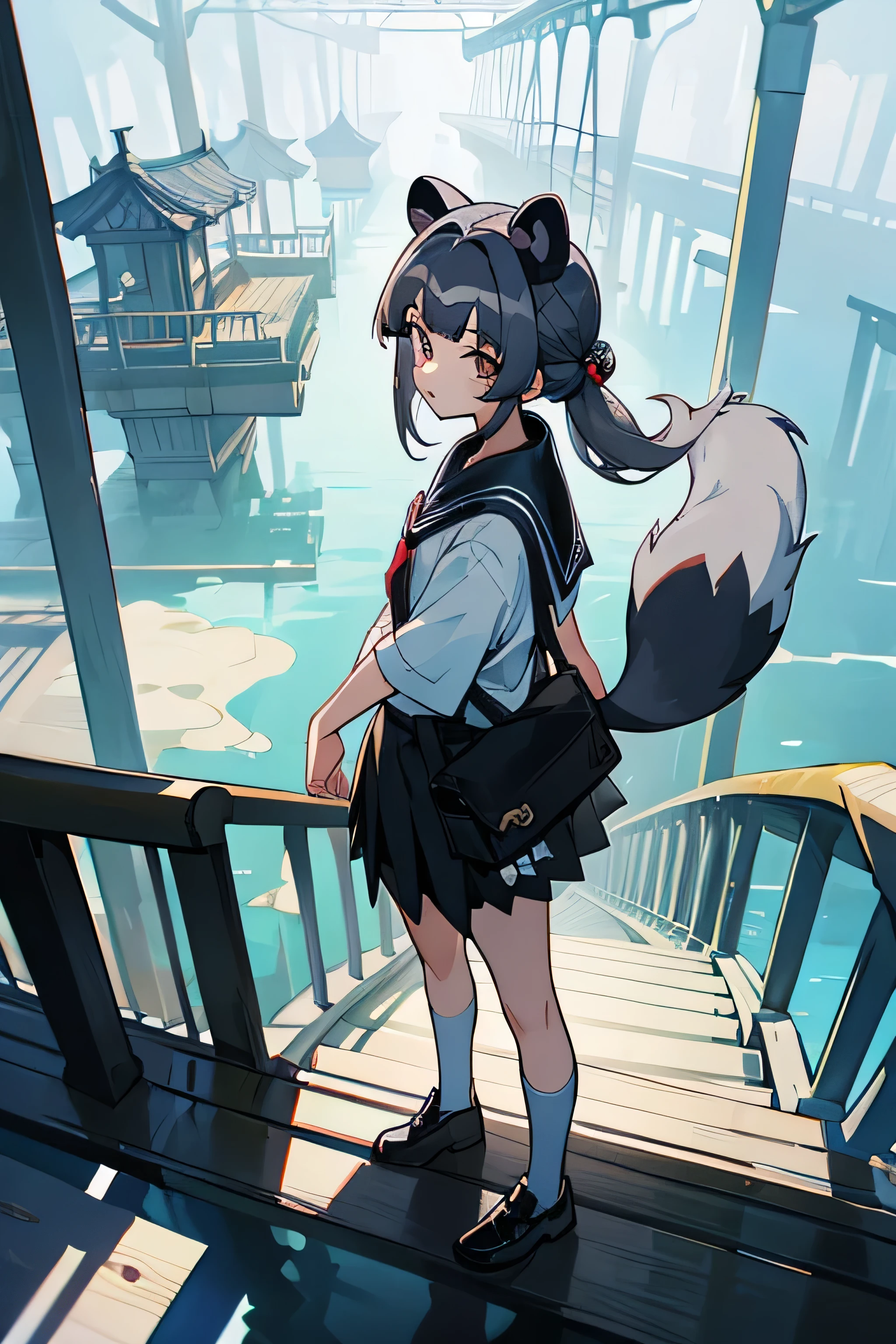 Raccoon Lady，Light grey hair，school uniform，Black skirt，Must have raccoon tail，Clear facial features，Jiangnan water town background，Shy expression，People standing on the bridge，eye contact，Smiley Face，Composition of the whole body，Backlit environment，Animal ears，Q Print Style，Bangs，Medium-length hair，side hair bun，personality，White bubble socks，Black leather shoes，Handrail bridge guardrail，Inner eight standing posture，Anime style，Vaporwave style