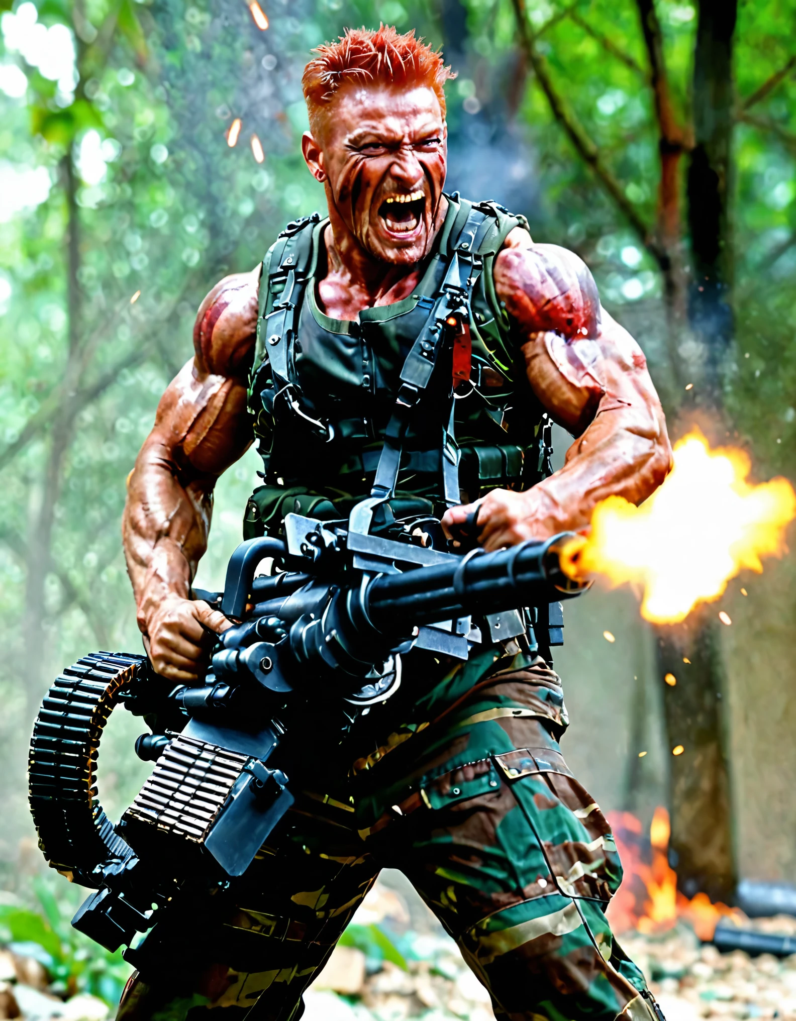 masterpiece, best quality, rogue soldier, muscular, dynamic battle pose, (using a Handheld M134 Minigun, shell casings), dynamic war scene, bryan fury, red hair, evil laugh, solo focus, psychotic