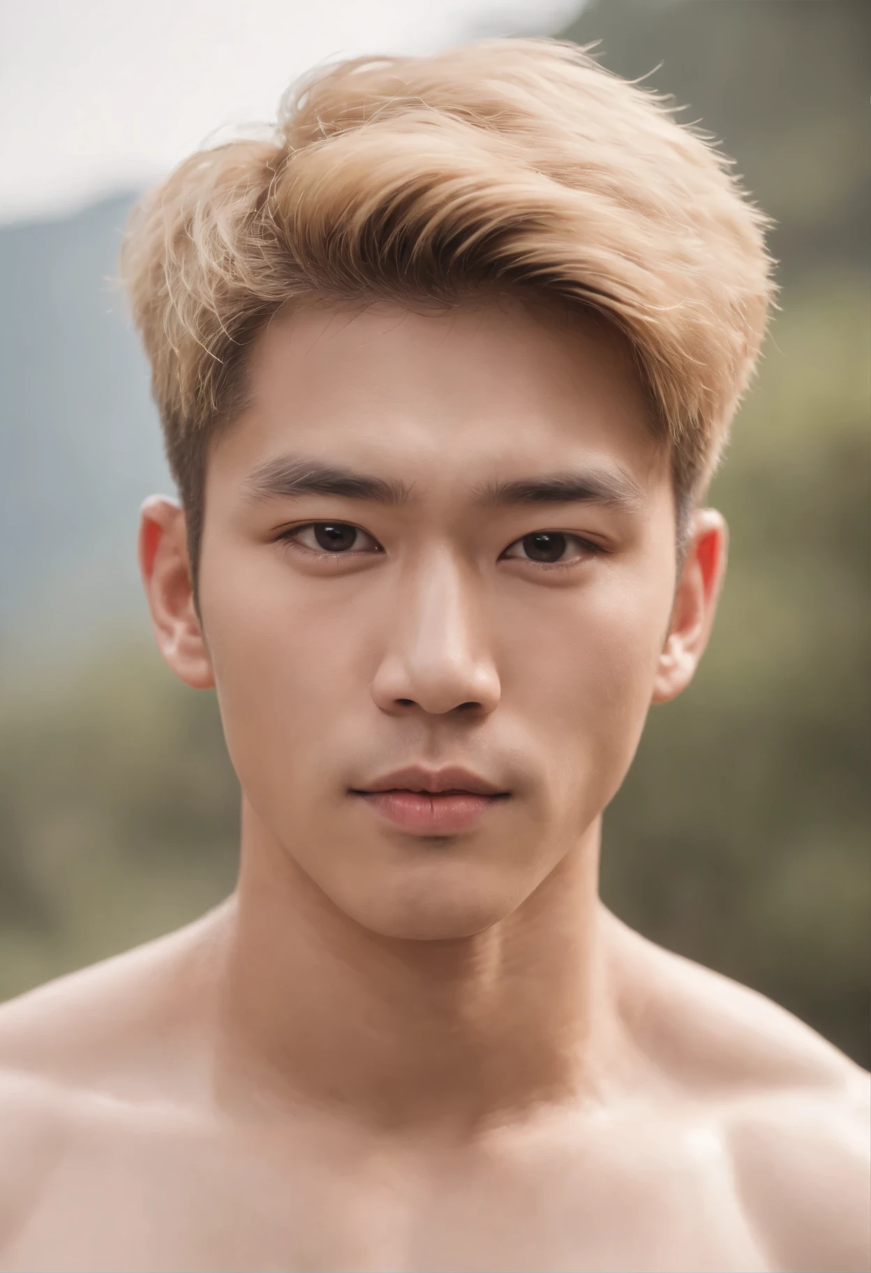 25 year old Korean muscular boy with short blonde hair, shirtless, half body shot