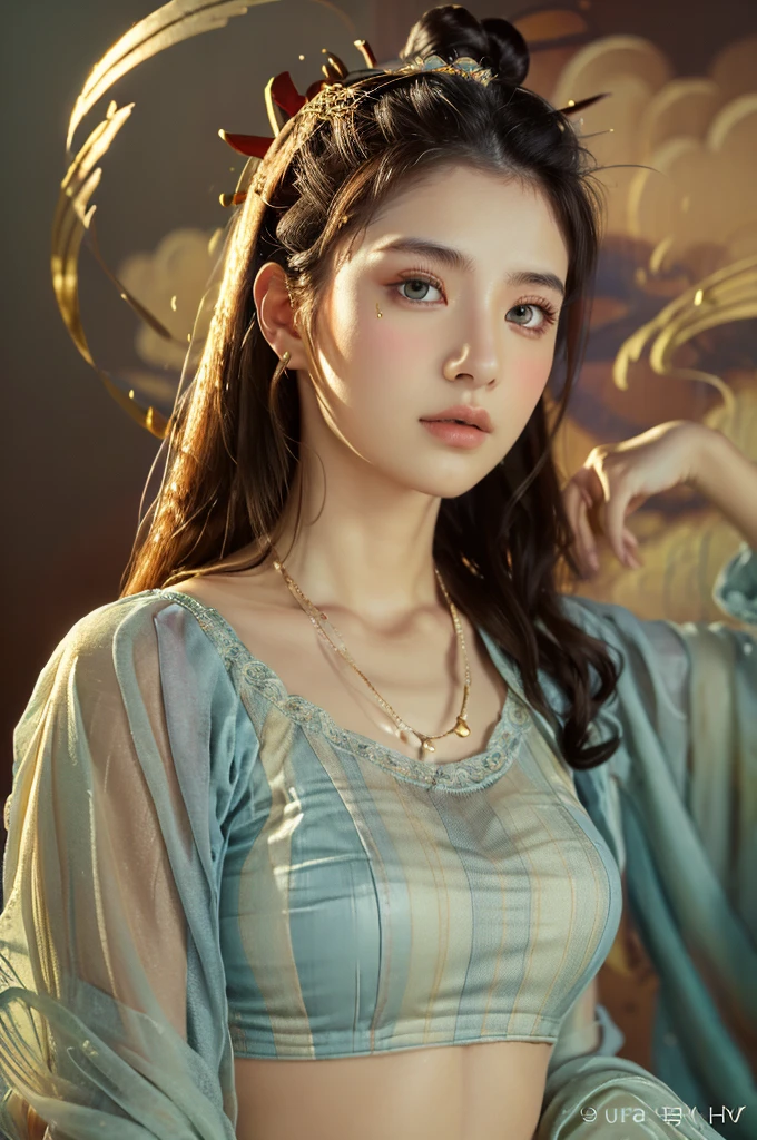 ( masterpiece, top quality, best quality,8k,17 years old girl,ultra detailed,raw photo:1.5),(photorealistic:1.4),(cinematic lighting), PerfectNwsjMajic, , Surrealism, UHD, ccurate, Super detail, textured skin, High detail, Best quality, dynamic angle, (high nose,White skin),[Beautiful blue eyes],(1girl),(good anatomy:0.5)), dunhuang_style, Dreamy atmosphere,expressive brush strokes, mystical ambiance, Artistic interpretation, a whimsical illustration, Subtle colors and tones, straight face