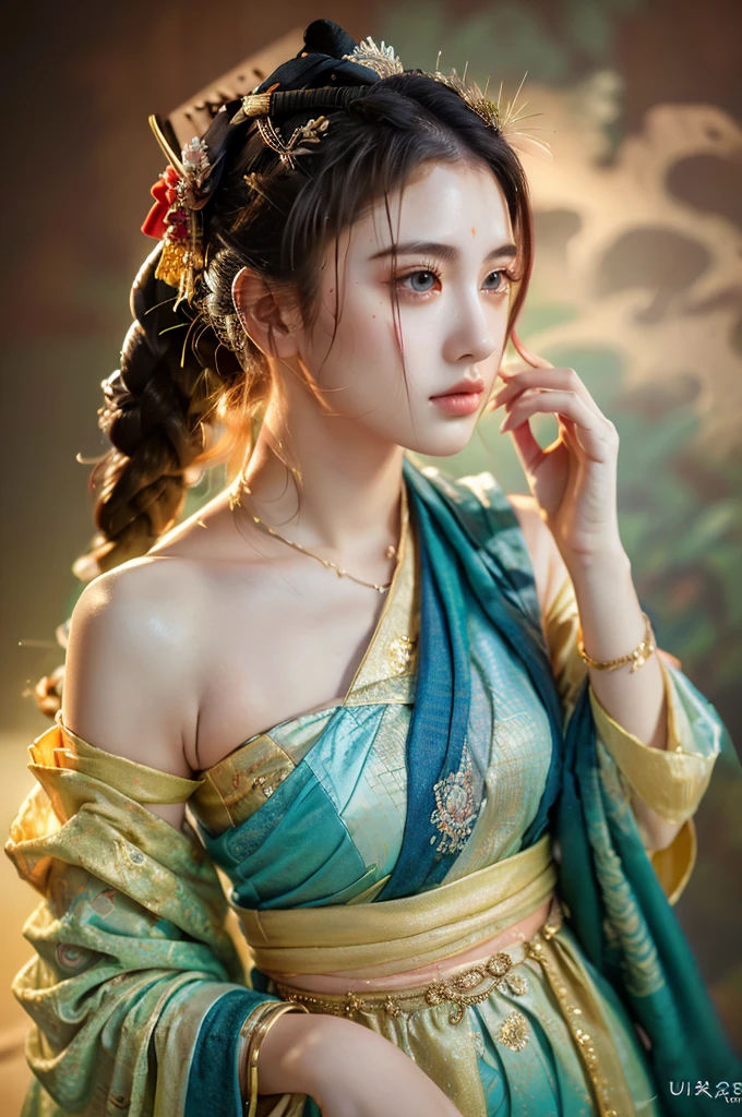 ( masterpiece, top quality, best quality,8k,17 years old girl,ultra detailed,raw photo:1.5),(photorealistic:1.4),(cinematic lighting), PerfectNwsjMajic, , Surrealism, UHD, ccurate, Super detail, textured skin, High detail, Best quality, dynamic angle, (high nose,White skin),[Beautiful blue eyes],(1girl),(good anatomy:0.5)), dunhuang_style, Dreamy atmosphere,expressive brush strokes, mystical ambiance, Artistic interpretation, a whimsical illustration, Subtle colors and tones, straight face
