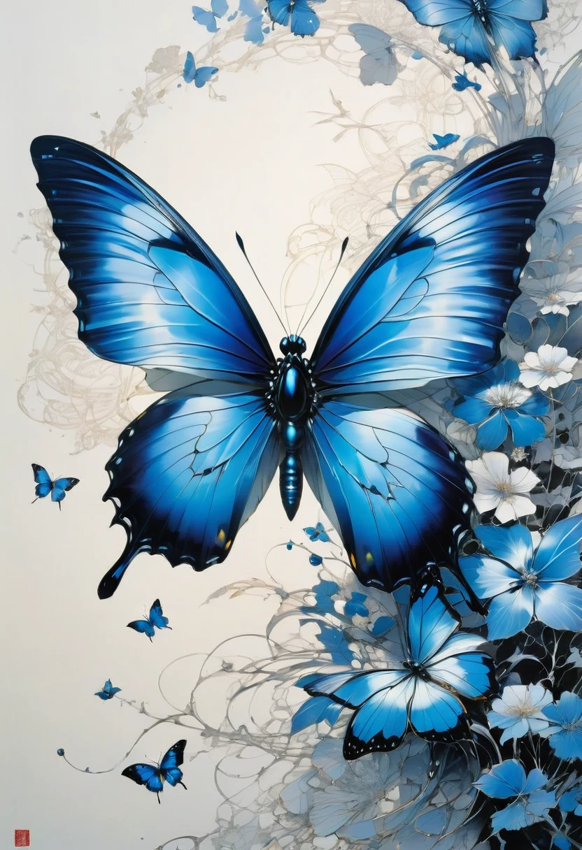 blue butterfly, by Yoji Shinkawa and Katsuhiro Otomo, best quality, masterpiece, very aesthetic, perfect composition, intricate details, ultra-detailed
