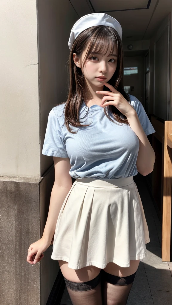 muste piece, best quality, illustration, Super detailed, fine details, High resolution, 8K,wall paper, perfect dynamic composition,(Details High quality, realistic depiction of eyes:1.3), Hospital Rooms、White nurse cap、White tights、White nurse uniform、to stand、Hand skirt、Flipping up a white skirt, large breasts,short bob hair, black hair color, Big Natural Color Lip, bold sexy pose, crying a little、cold gaze, Harajuku style、20 year old girl、cute type、ta、beautiful legs, hposing Gravure Idol