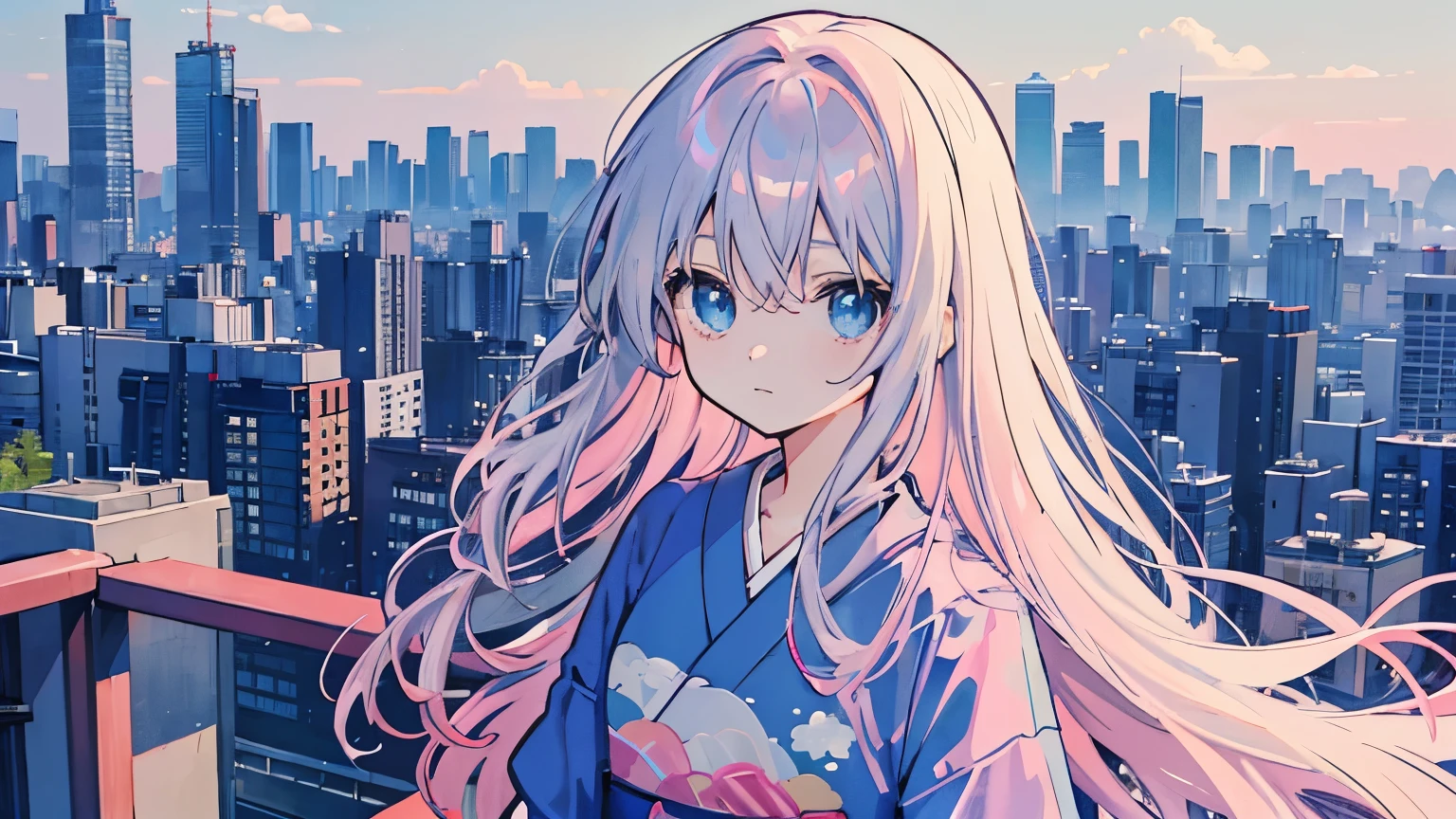 Anime images of Japan1People Girl、blue eyes、Pink long hair、Grey long T-shirt、 Tokyo cityscape、blue sky、White cloud、Size is 16:9 please