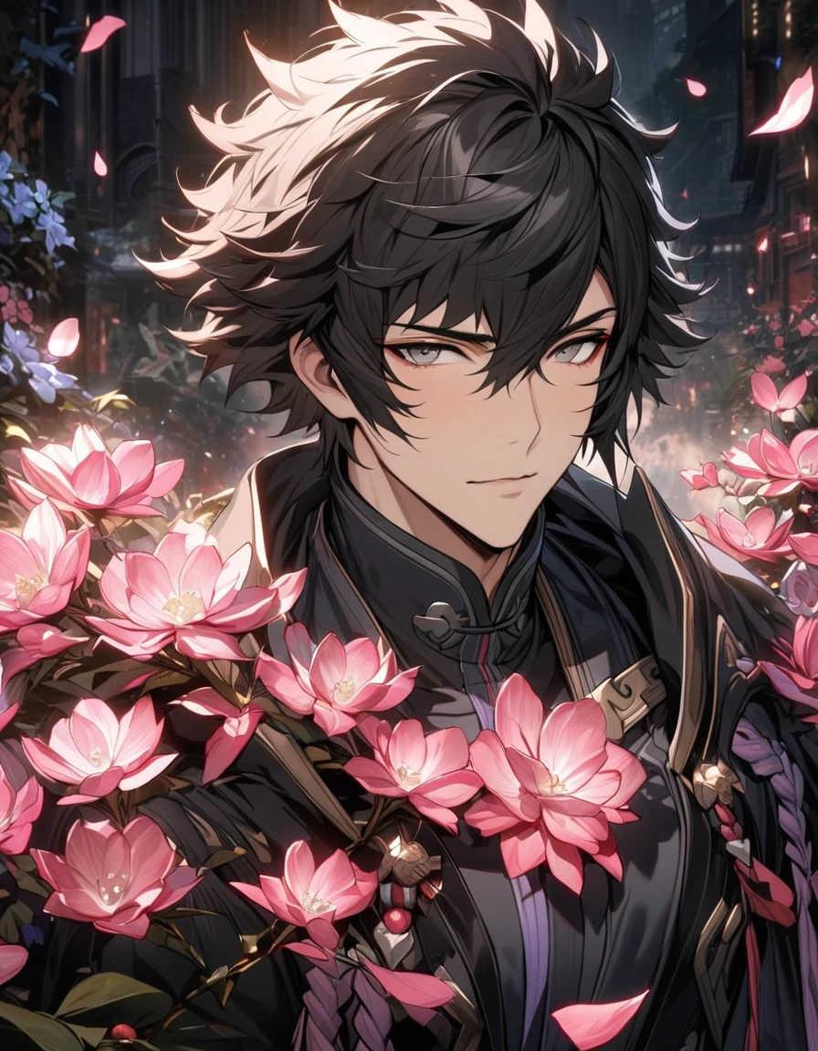 (absurdres, highres, ultra detailed, HDR) master piece, best quality, perfect face, Lon'qu, black hair, expressive grey eyes, Fire Emblem Awakening, solo, man, handsome, black clothes, glass pink flowers, glass pink petals, glass pink butterflies, glass garden, glass blossoms, everything made with glass