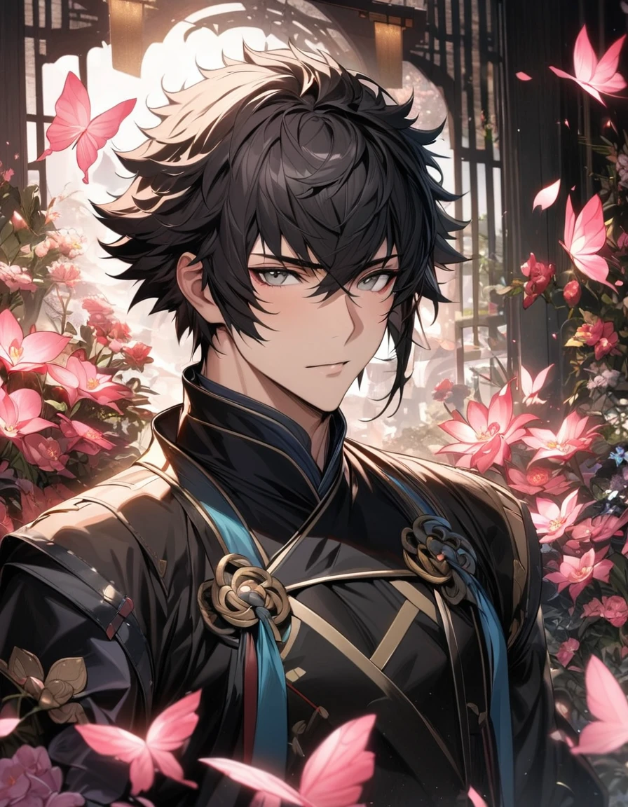 (absurdres, highres, ultra detailed, HDR) master piece, best quality, perfect face, Lon'qu, black hair, expressive grey eyes, Fire Emblem Awakening, solo, man, handsome, black clothes, glass pink flowers, glass pink petals, glass pink butterflies, glass garden, glass blossoms, everything made with glass