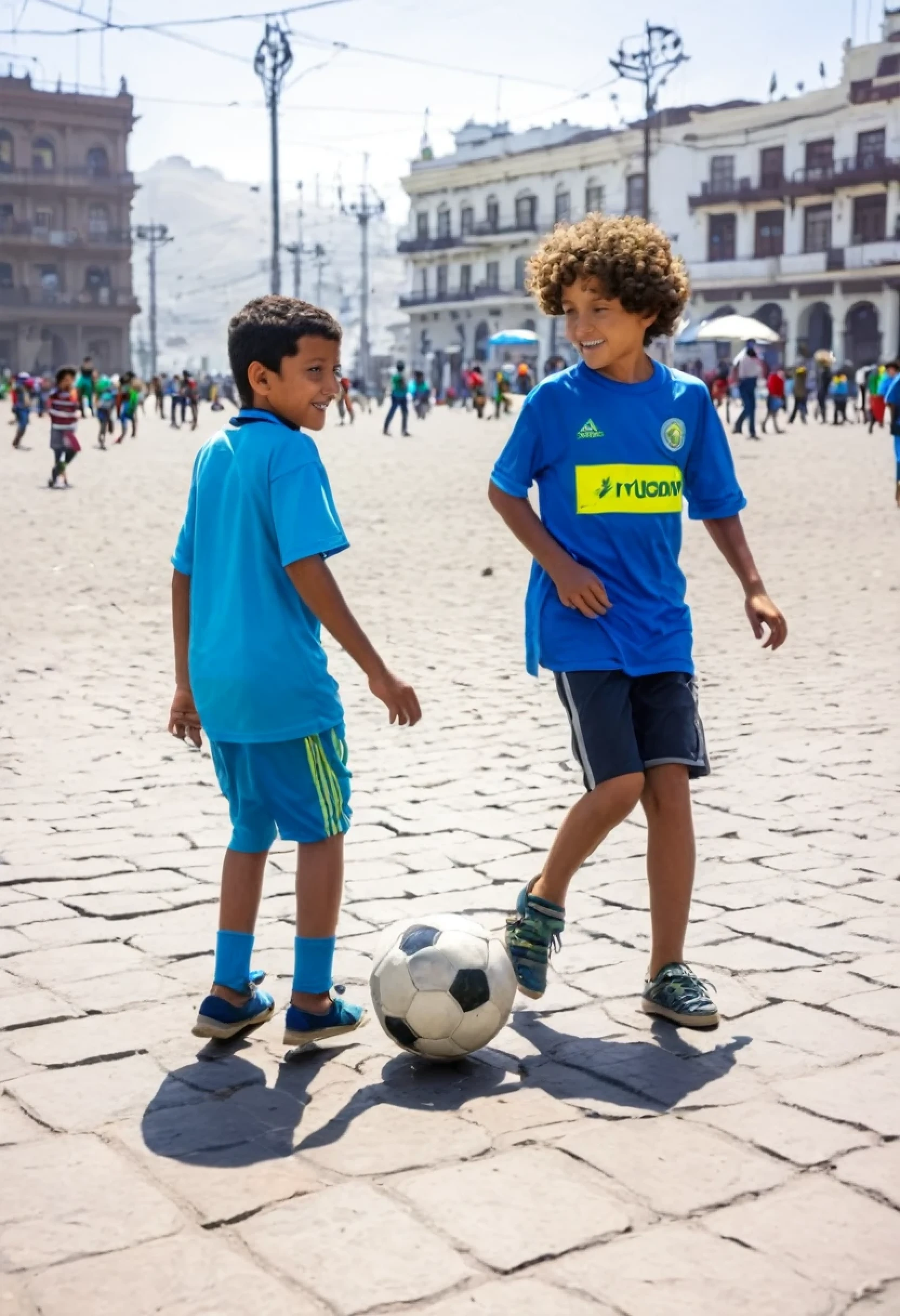 A 10 year old boy and a 6 year old boy playing soccer in the main square of the Barranco district in Lima, on a sunny day in the year 2024, children have curly hair