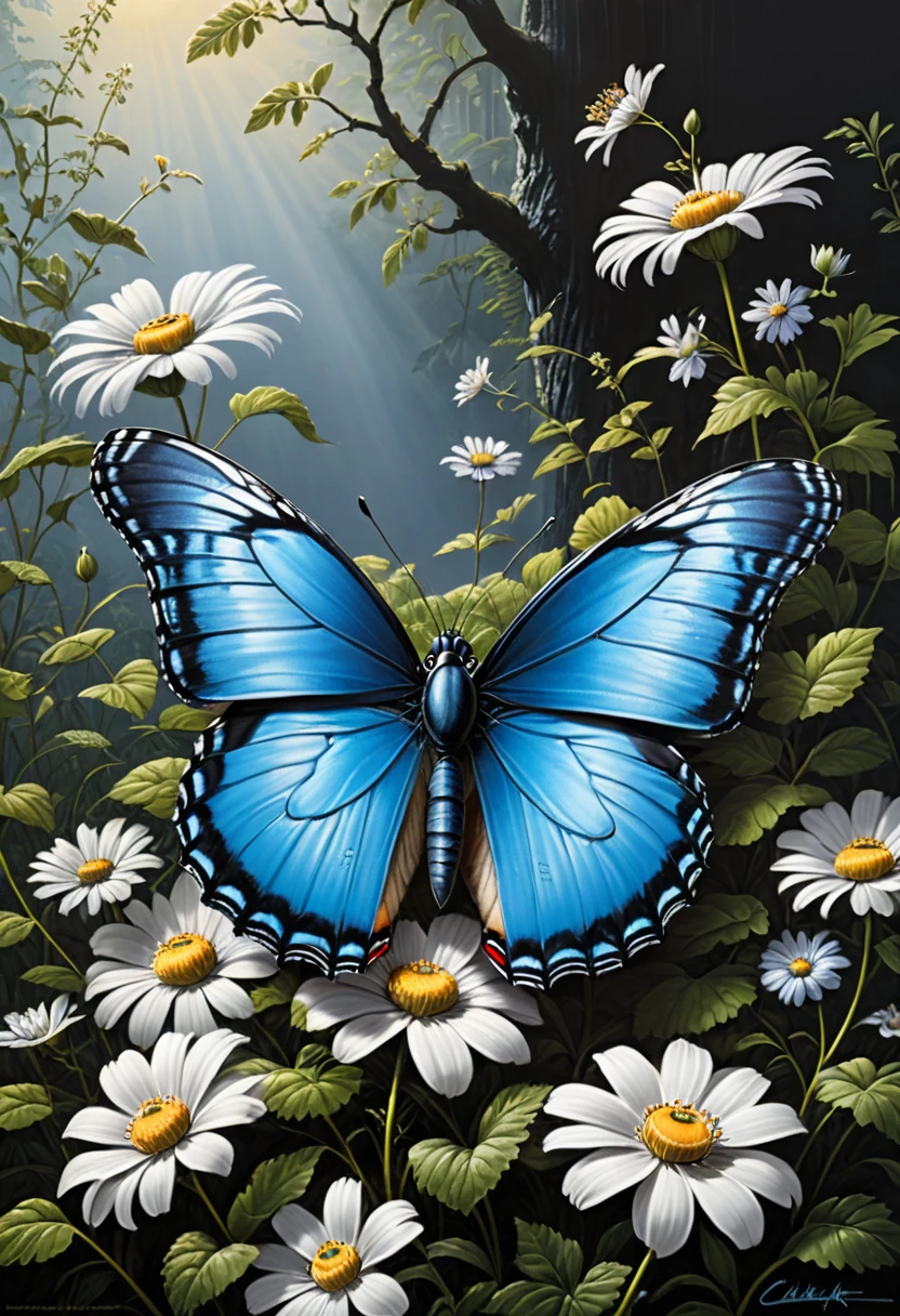 blue butterfly, (masterpiece, best quality, Professional, perfect composition, very aesthetic, absurdres, ultra-detailed, intricate details:1.3), by Charles M. Schulz