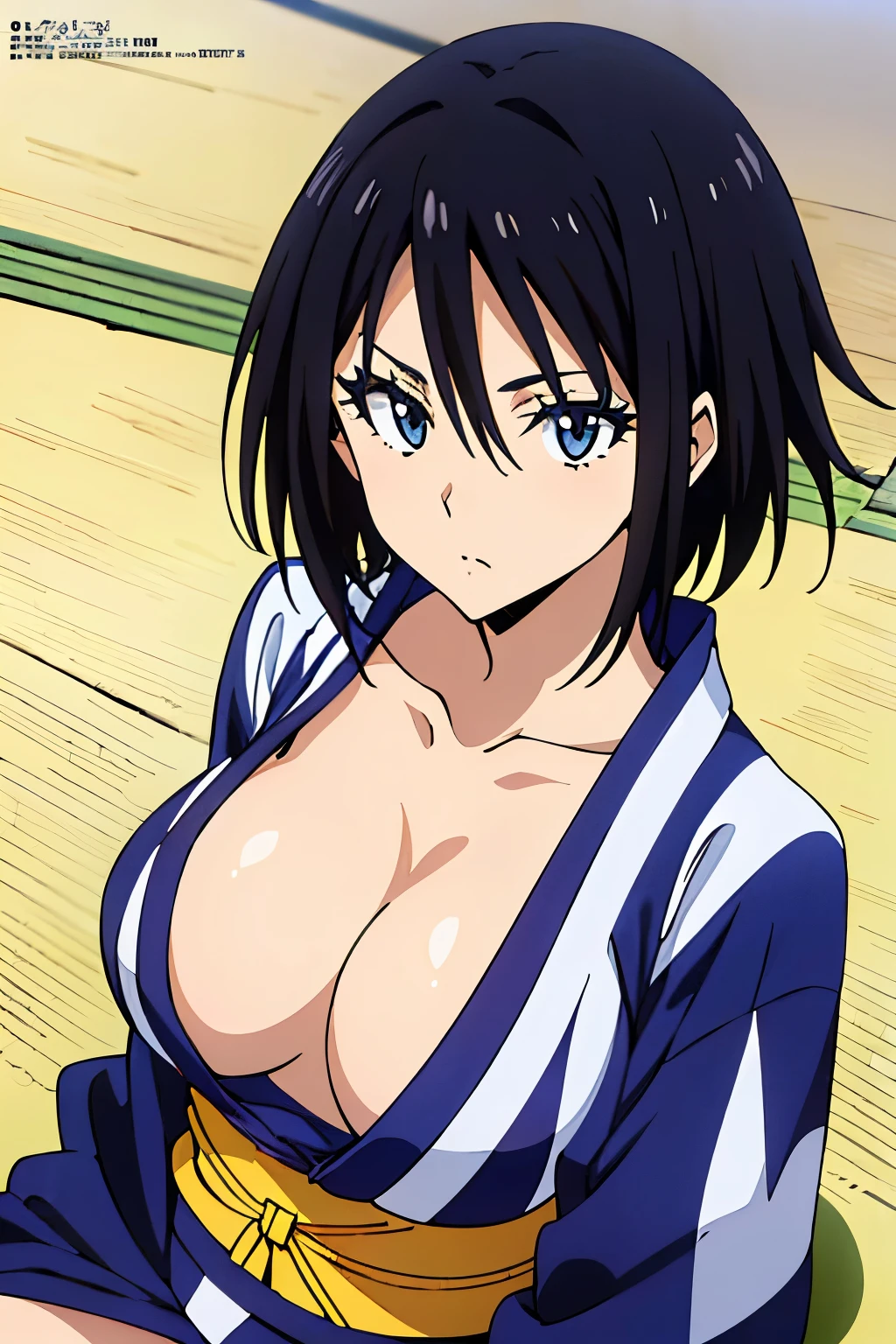 (anime cels style, best quality, high resolution, anime colored, megami magazine:1.2, anime poster style, sharp, 8k), (beautiful eyes:1.5), sakaguchihinata\(ttigraas\), 1girl, cute, black hair, short hair, large breast, cleavage, (haoli, yukata:1.5), cowboy shot, (sitting, yokozuwari), (perfect detailed anatomy, perfect arms, perfect fingers, beautiful face, perfect body, shiny skin),