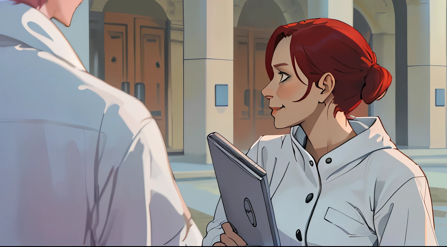 35-year-old woman, red hair, speaking with malice, evil smile, looking to the side at someone.