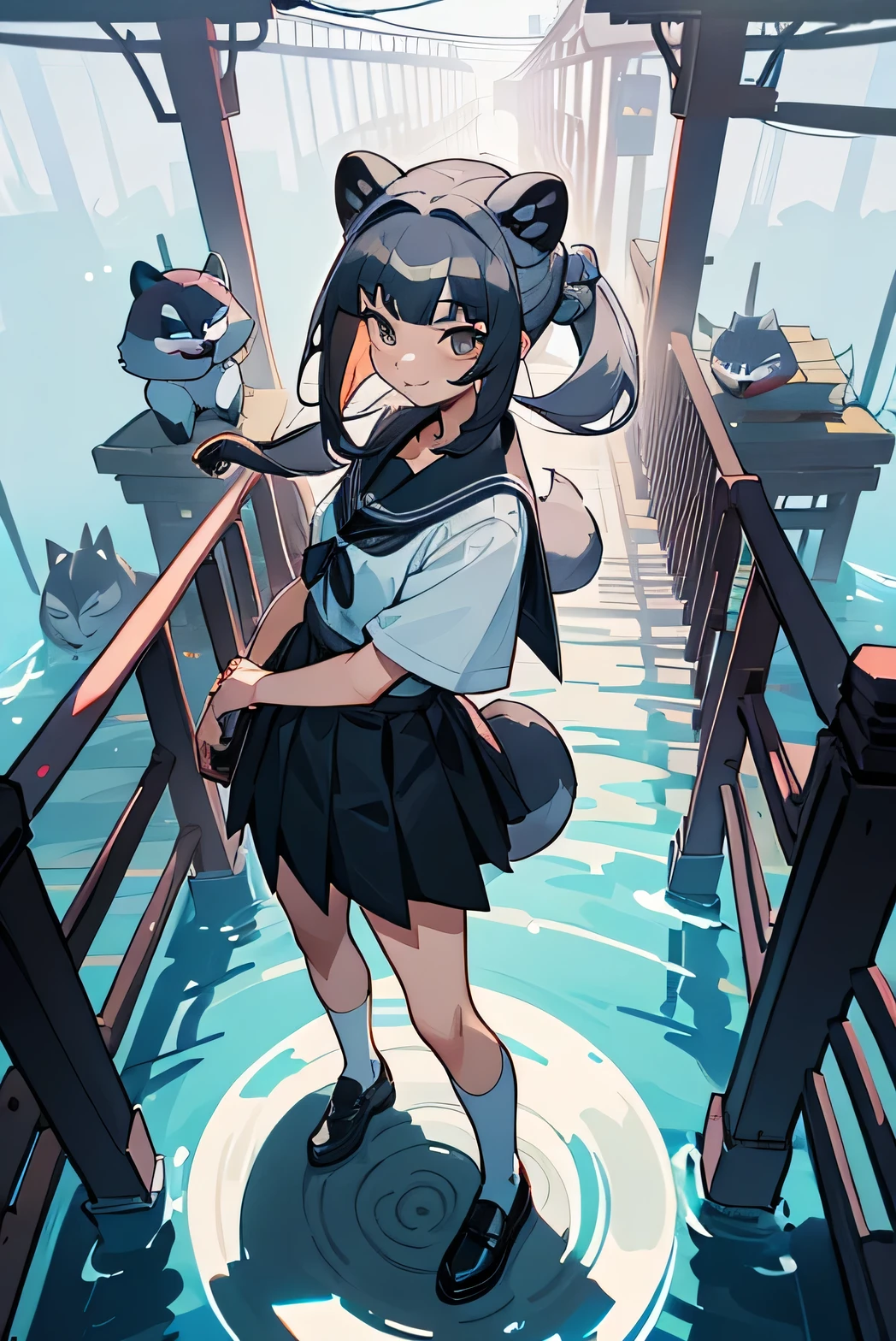 Raccoon Lady，Light grey hair，Raccoon pattern，school uniform，Black skirt，Must have raccoon tail，Clear facial features，Jiangnan water town background，Shy expression，People standing on the bridge，eye contact，Smiley Face，Composition of the whole body，Backlit environment，Animal ears，Q Print Style，Bangs，Medium-length hair，side hair bun，personality，White bubble socks，Black leather shoes，Handrail bridge guardrail，Inner eight standing posture，Anime style，Vaporwave style