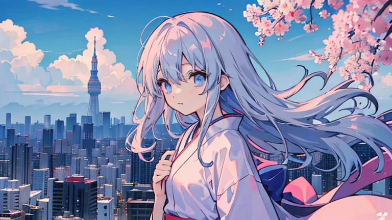 Anime images of Japan1People Girl、blue eyes、Pink long hair、Grey long T-shirt、 Tokyo cityscape、blue sky、White cloud、Size is 16:9 please
