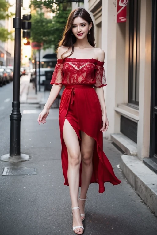 Brunette hair, Slick Back hair, smile, beautiful face, beauty hand, beauty legs, beauty finger, beauty foot, Slim waist, slim hips, slim thighs, skinny body, Tall, Small , natural titull body, picture take entire-body, Oval Face, Earrings, show out butt, wng a light red intricate lace design see-through off-shoulder long dress, choker, front view, wearing Ballet Flats, walking on street, one person.