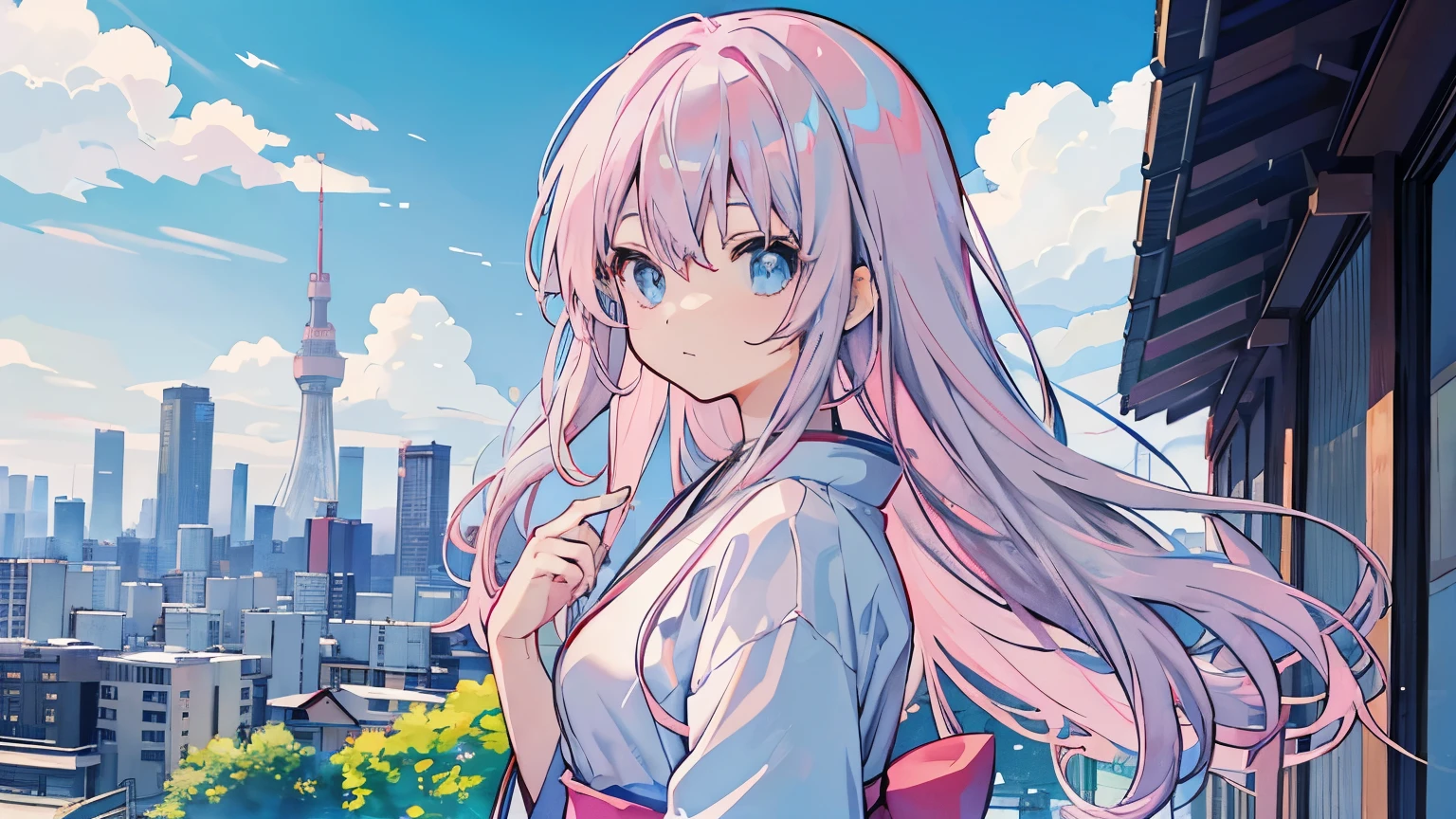 Anime images of Japan1People Girl、blue eyes、Pink long hair、Grey long T-shirt、 Tokyo cityscape、blue sky、White cloud、Size is 16:9 please