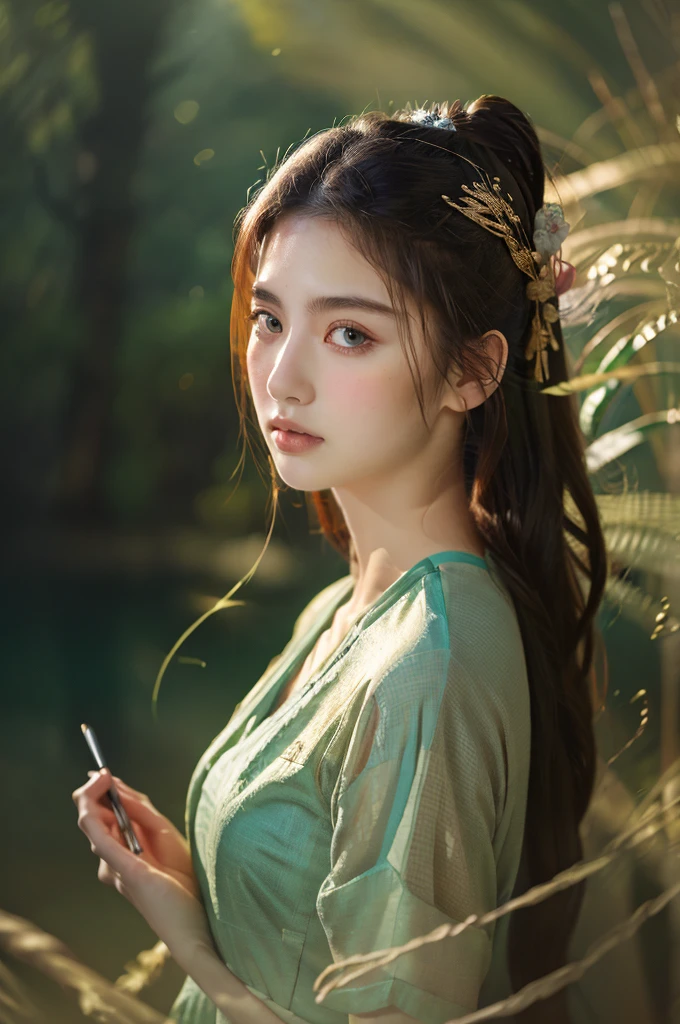 ( masterpiece, top quality, best quality,8k, girl,ultra detailed,raw photo:1.5),(photorealistic:1.4),(cinematic lighting), PerfectNwsjMajic, , Surrealism, UHD, ccurate, Super detail, textured skin, High detail, Best quality, dynamic angle, (high nose,White skin),[Beautiful blue eyes],(1girl),(good anatomy:0.5)), dunhuang_style, Dreamy atmosphere,expressive brush strokes, mystical ambiance, Artistic interpretation, a whimsical illustration, Subtle colors and tones, straight face