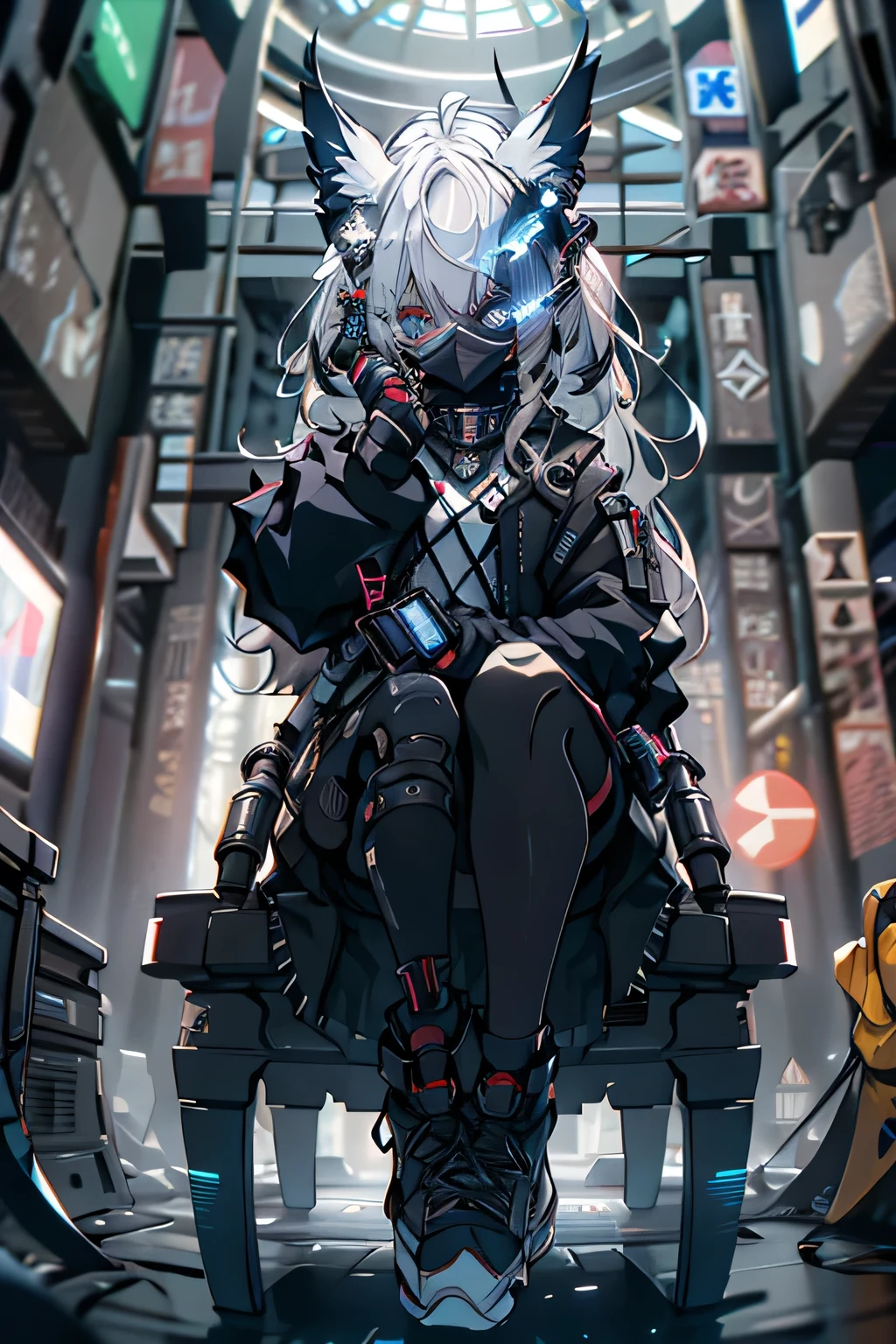 Alone, white hair, Long hair, Straight Hair, Deep blue eyes, Wear, Tech jacket,Small Breasts, Big Ass, thick sarcoid, (((Girl with tech mask and tech accessories))), White high-top sneakers, Background with cold neon lights and black, whole body,