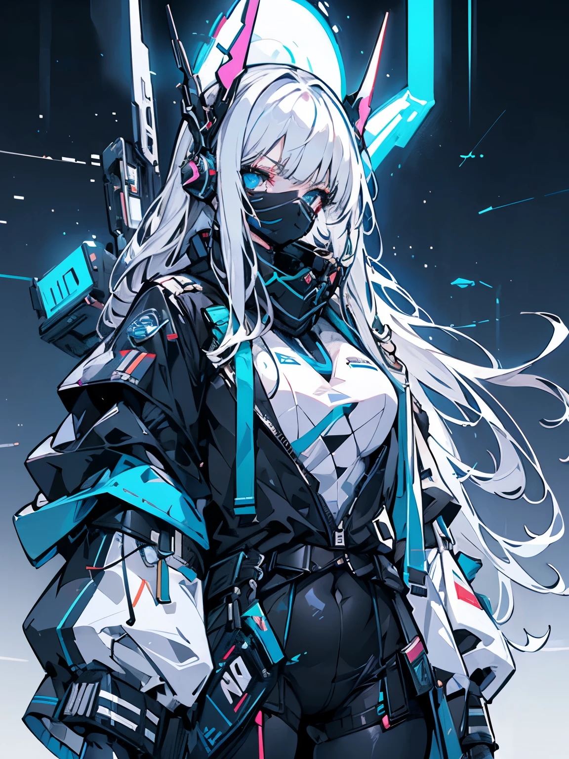 Alone, white hair, Long hair, Straight Hair, Deep blue eyes, Wear, Tech jacket, Thighs exposed, Cleavage, Small Breasts, Big Ass, thick sarcoid, (((Girl with tech mask and tech accessories))), White high-top sneakers, Background with cold neon lights and black, whole body,