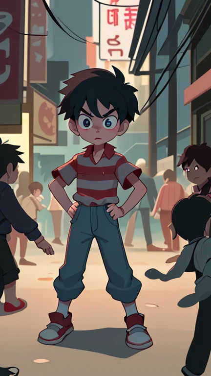 Introduce Tommy, a restless street kid, standing amidst the crowd in the night market. His face is filled with anxiety as he searches for his missing sister among the passing throngs. Alex spots Tommy and approaches, extending a hand of assistance amidst the chaotic atmosphere.