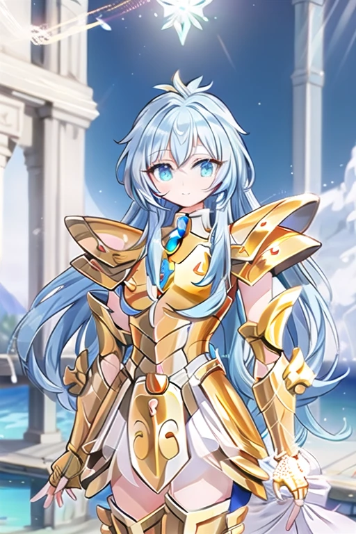 Une femme, 25 ans, mangas, cheveux longs, cheveux multicolores, details, Saint Seiya, Hyoga, Cygnus, God Cloth, mythycal armor, Saint Seiya Cosplay, armure de chevalier, myth cloth, Hyoga cosplay, Scandinavie, hiver, swam designed armor, glacier, neige
