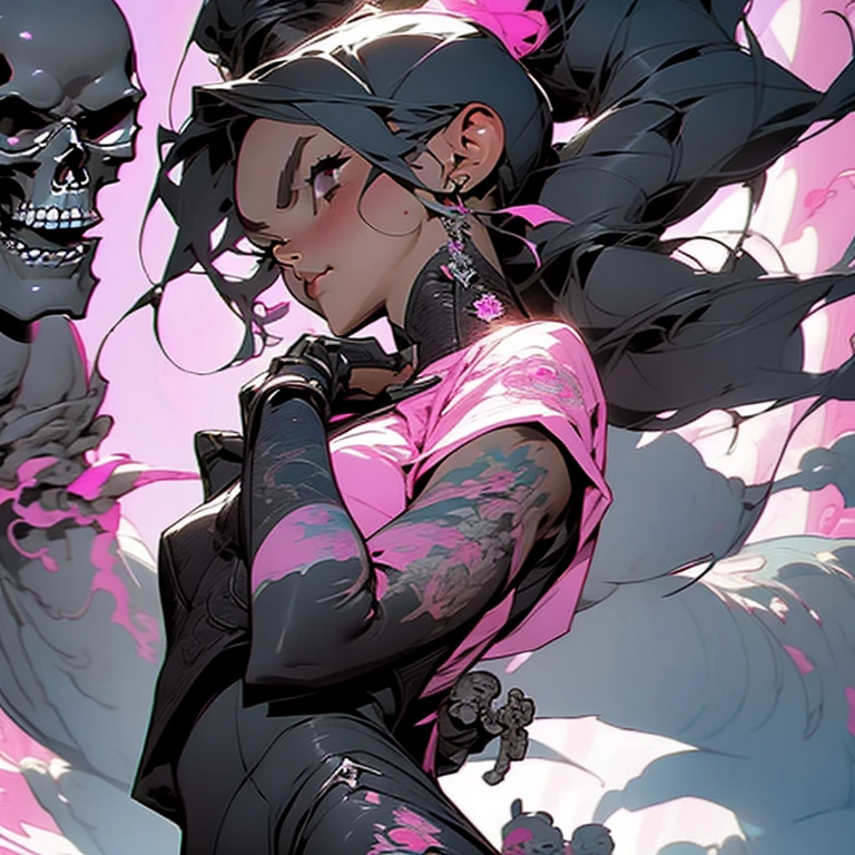 a girl with a sword and a skull on a pink background, by Ryan Yee, pixiv contest winner, rococo, evil. vibrant colors. cute, with leviathan axe, discord profile picture, noire