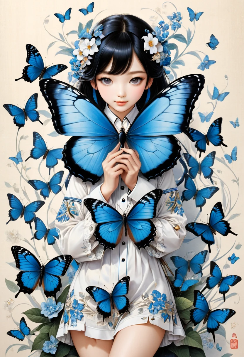blue butterfly, (masterpiece, best quality, Professional, perfect composition, very aesthetic, absurdres, ultra-detailed, intricate details:1.3), by Yoshitomo Nara