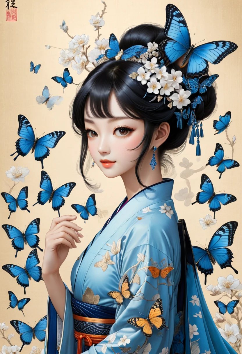 blue butterfly, (masterpiece, best quality, Professional, perfect composition, very aesthetic, absurdres, ultra-detailed, intricate details:1.3), by Yoshitomo Nara