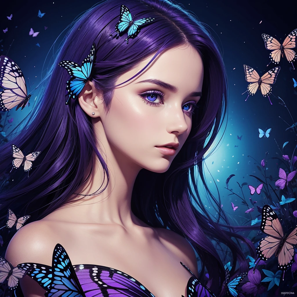 beautiful Woman with butterflies in her hair "girl" (digital art), hyperdetalization,stylization,poster,composition,purple-blue background,lots of details,beautiful
